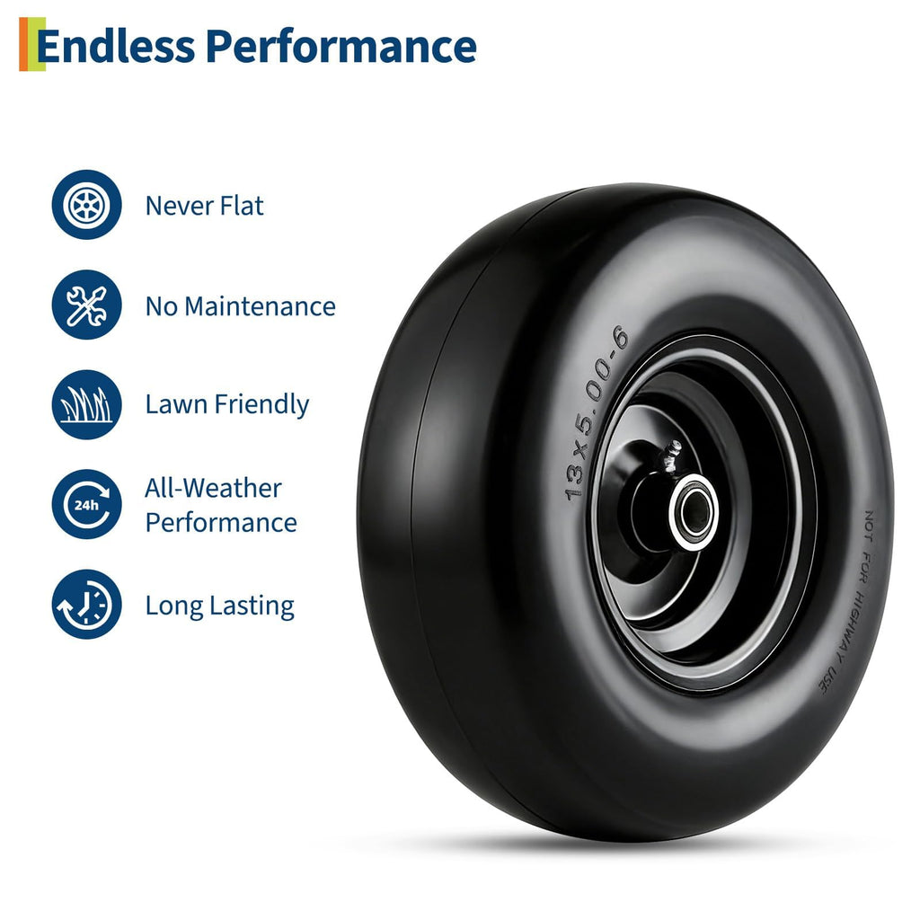 Garvee 13X5.00-6 Flat Free Golf Cart Tire and Wheel Set - Polyurethane, Heavy Duty 353 lbs Capacity, Steel Rim, Multiple Bushings, Lawn Mowers & Utility Carts