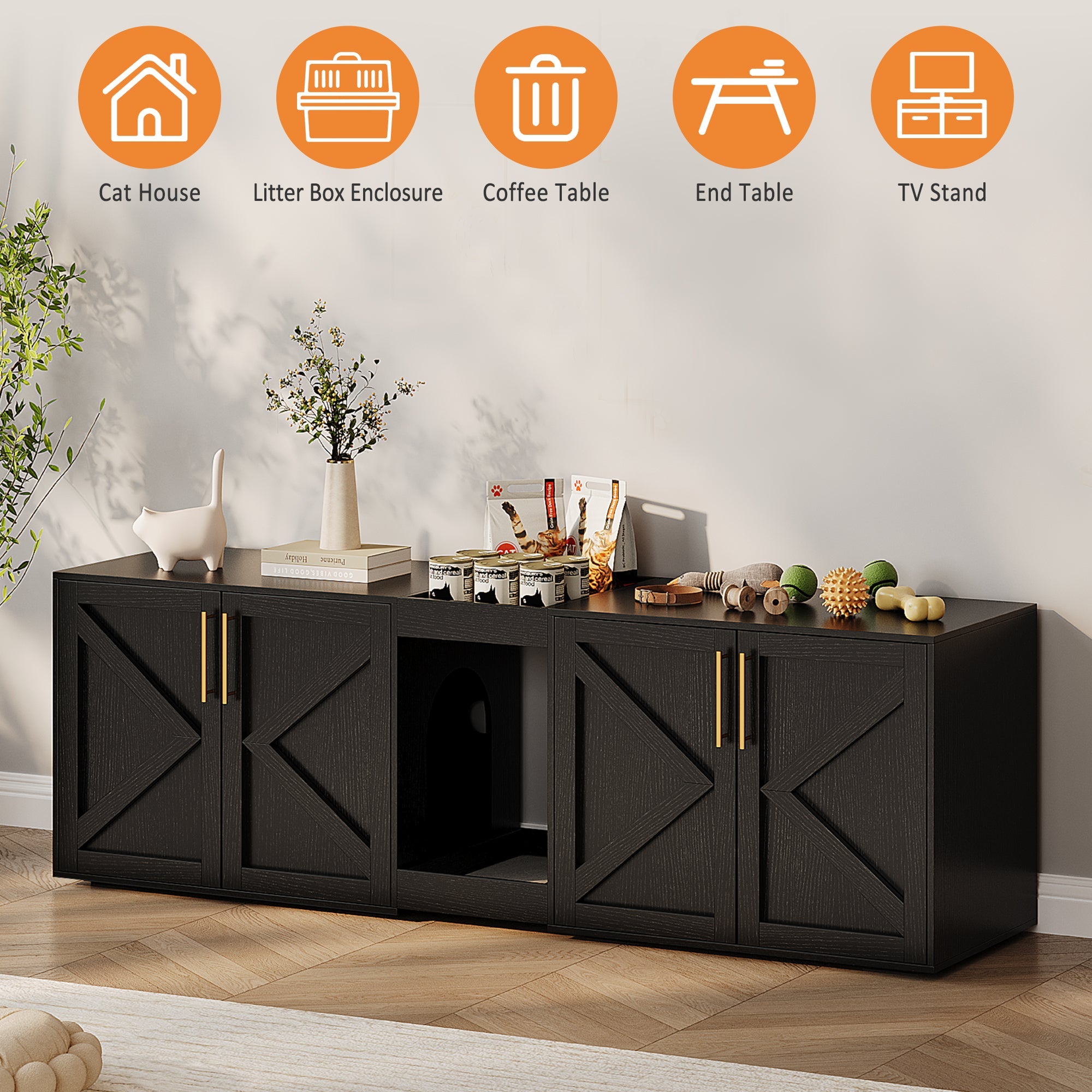 Garvee Modern Double Room Cat Litter Box Enclosure - Large Hidden Wooden Cat Washroom Cabinet for 2 Cats with Storage Shelf, Soft Cushion, End Table TV Stand - Catnip Toy Compatible - Black