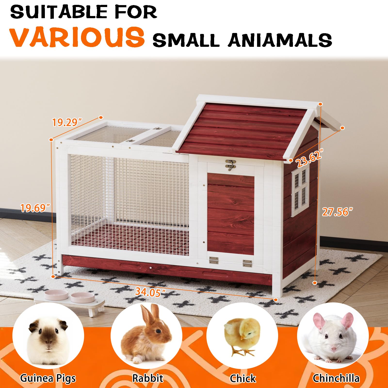 Garvee Large Outdoor Rabbit Hutch, Weatherproof 2-Story Bunny Cage with Removable Wire Netting, Wooden Indoor Outdoor Pet House, Waterproof Roof & Pull-Out Tray, White