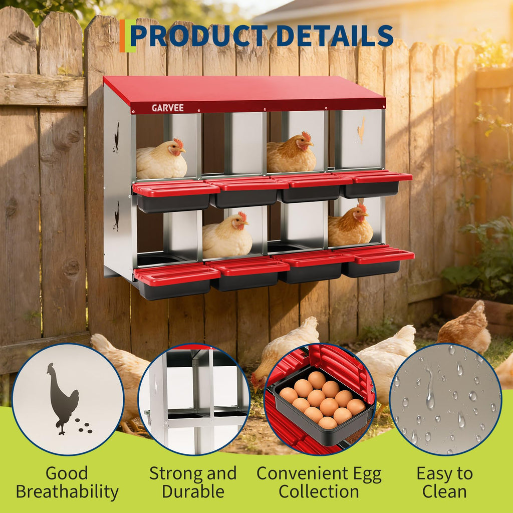 Garvee 8-Compartment Metal Chicken Nesting Box, Roll Away Poultry Laying Box with Sloped Anti-Perch Roof, 41.7"x12.8"x30.9", Red
