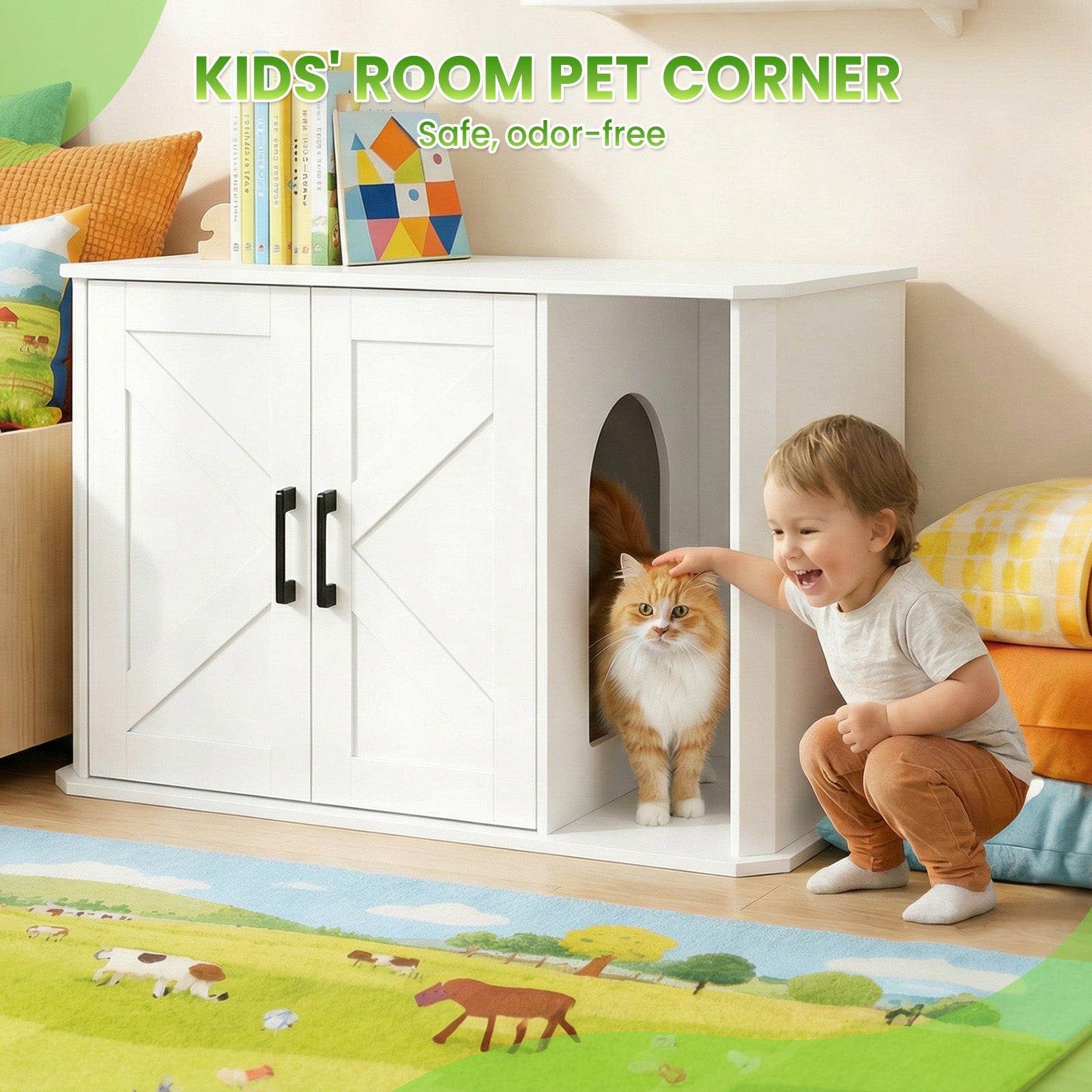 Garvee Modern Wooden Cat Litter Box Furniture – Double-Door Hidden Washroom Cabinet with Side Entry – Easy to Clean, Odor Control – Spacious Cat House End Table – White