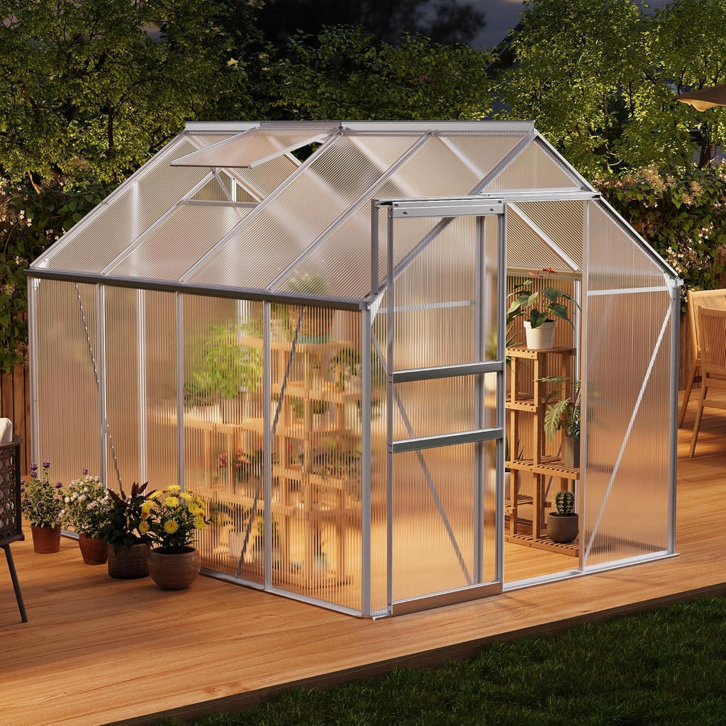 Garvee Walk-in Greenhouse 6x8 FT Aluminum Frame with Roof Vent Rain Gutter Sliding Door Perfect for Outdoor Patio Backyard Garden Apartment Balcony
