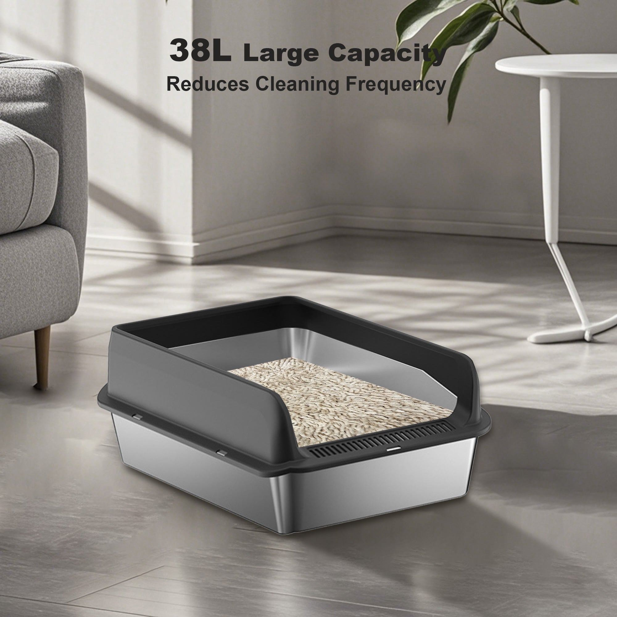 Garvee Stainless Steel Cat Litter Box with Lid, 23.6"x15.8"x11.8" Large Litter Box for Big Cats, Anti Leakage, Odor-Free & Easy Cleaning Metal Litter Pan Include Scoop, Non-Sticky with High Wall Sides-black