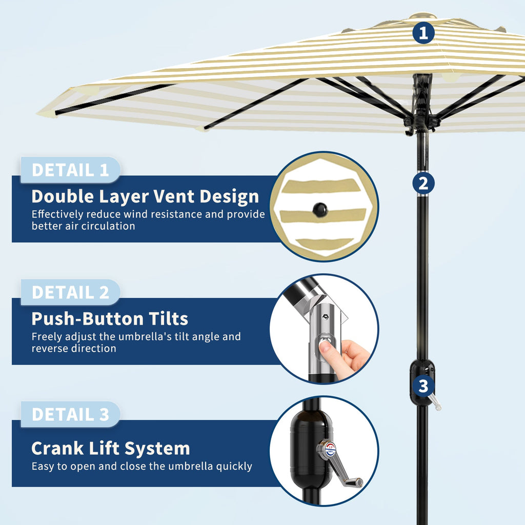 Garvee 9 ft Outdoor Patio Umbrella with 8 Sturdy Ribs, Crank Lift, Push-Button Tilt & UV-Resistant Waterproof Canopy for Pool, Deck, Yard & Garden, Tan & White Stripes