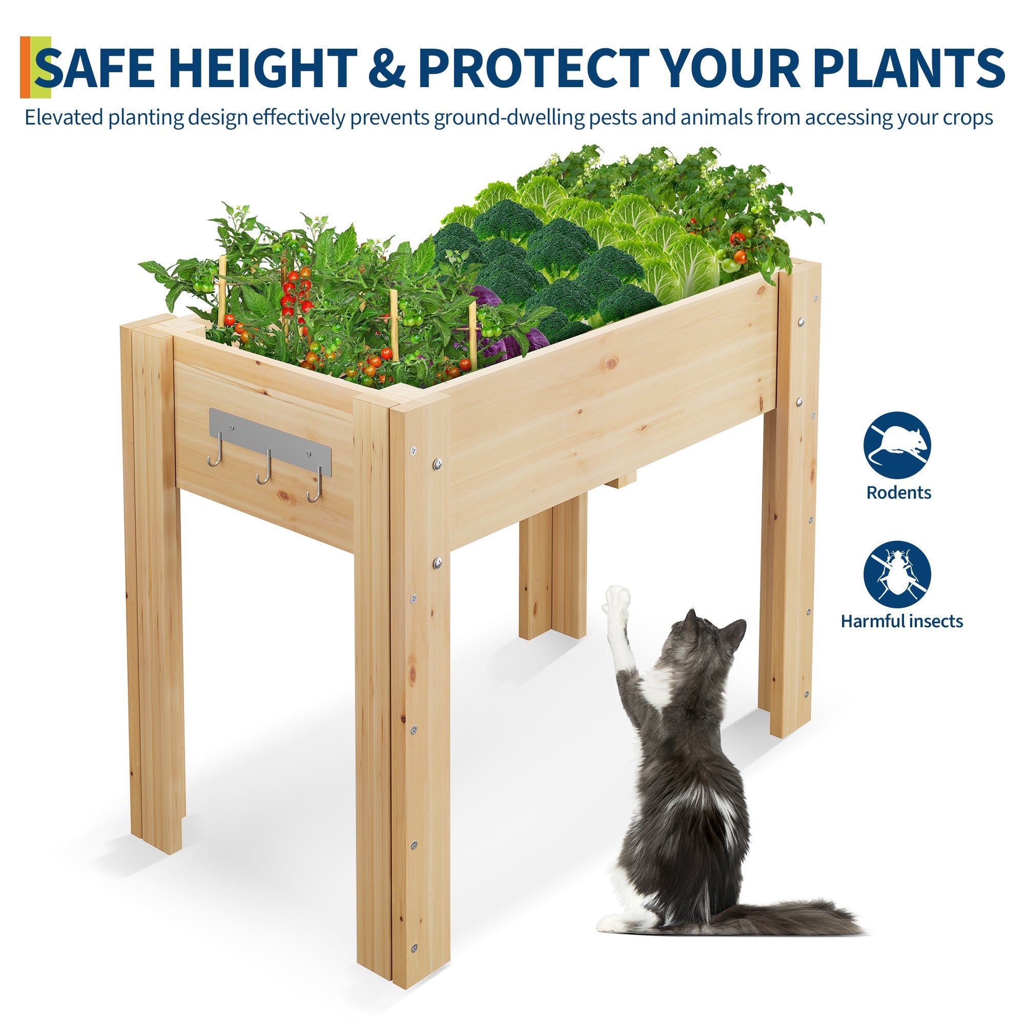 Garvee 34" x 18" x 30" Elevated Wooden Raised Garden Bed with Legs, Fir Wood Planter Box with Non-Woven Liner, Drainage Holes & Side Hooks, Ergonomic Outdoor Planter for Vegetables, Herbs, Flowers, Patio & Backyard, Varnish