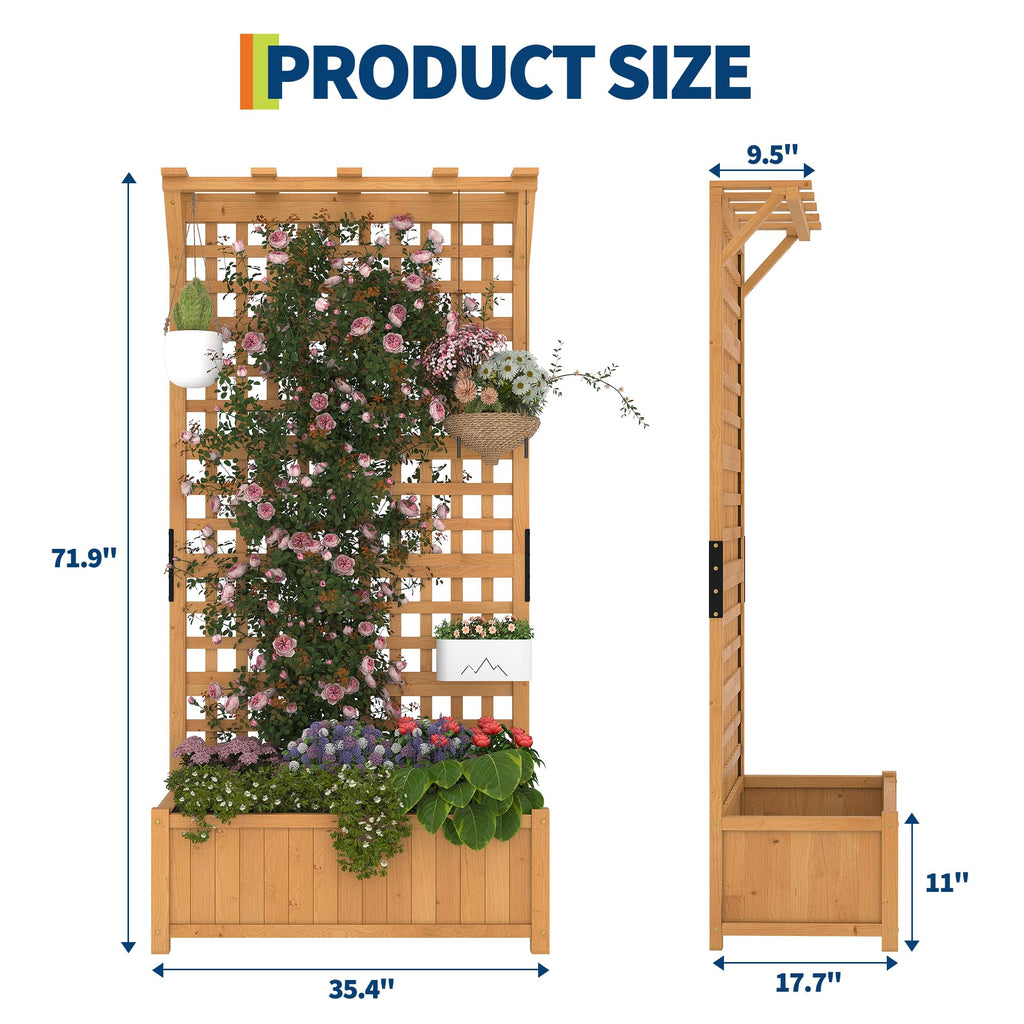 Garvee Raised Garden Bed with Trellis, 35.4" × 17.7" × 71.9" Fir Wood Planter Box with 33" × 17" Growing Bed, 4 Drainage Holes for Climbing Plants, Yellow