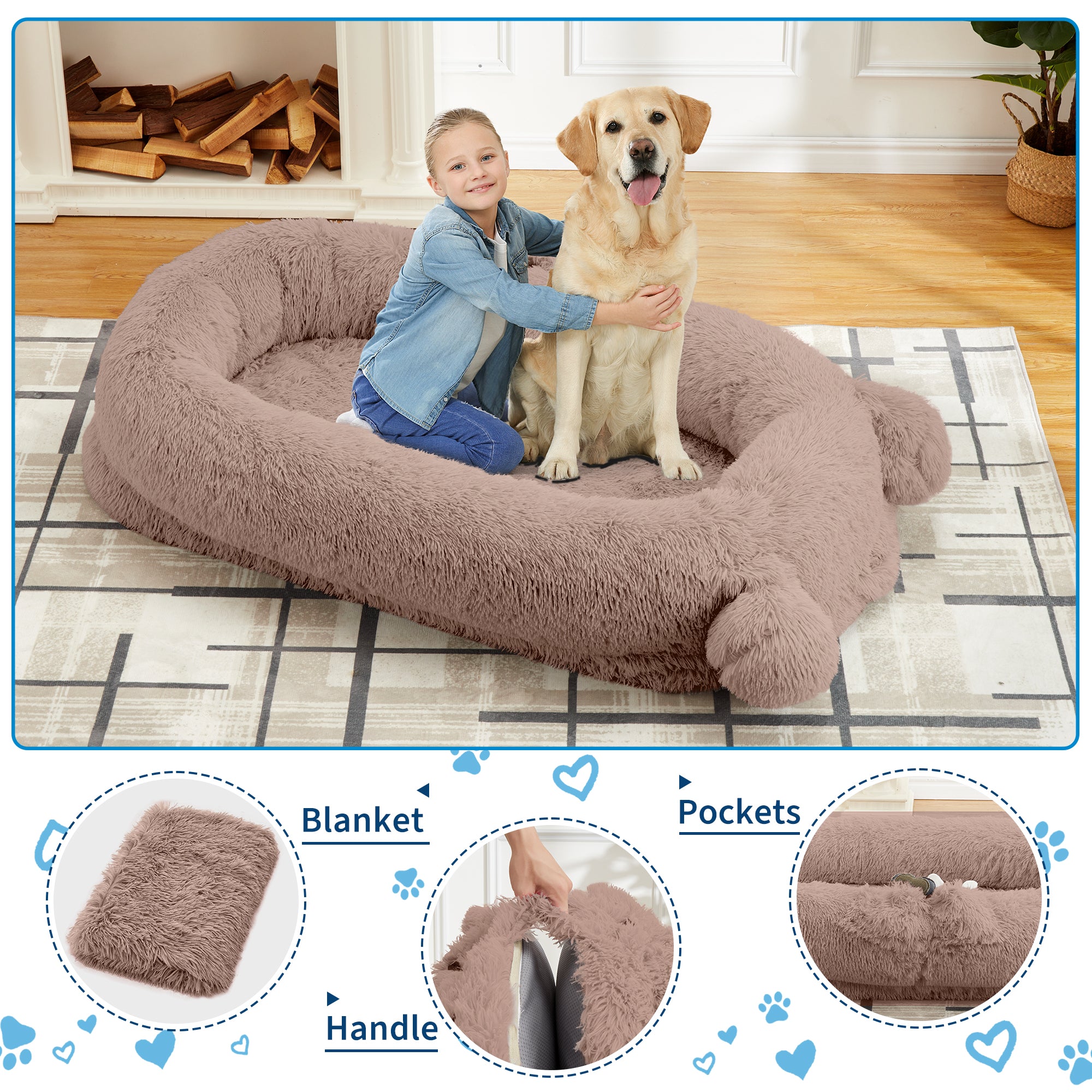 Garvee Human Dog Bed, 71 in x45 in x12 in Large Dog Bed with Blanket, Storage Pockets, Portable Handle, Removable Cover, Human Size Pet Bed for Adult, Khaki