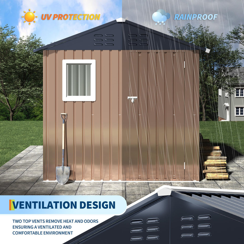 Garvee Outdoor Storage Shed, 6' × 4' Galvanized Steel Tool Shed with Window, Lockable Door, Air Vents, 27.95 Sq. Ft., 55–63 MPH Wind Rating, Brown