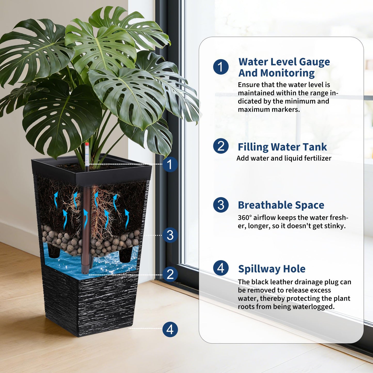Garvee Self-Watering Tall Planters for Porch and Patio, 2-Pack 22.5-Inch Black Plastic Pots with 2 Water Gauges and Removable Trays