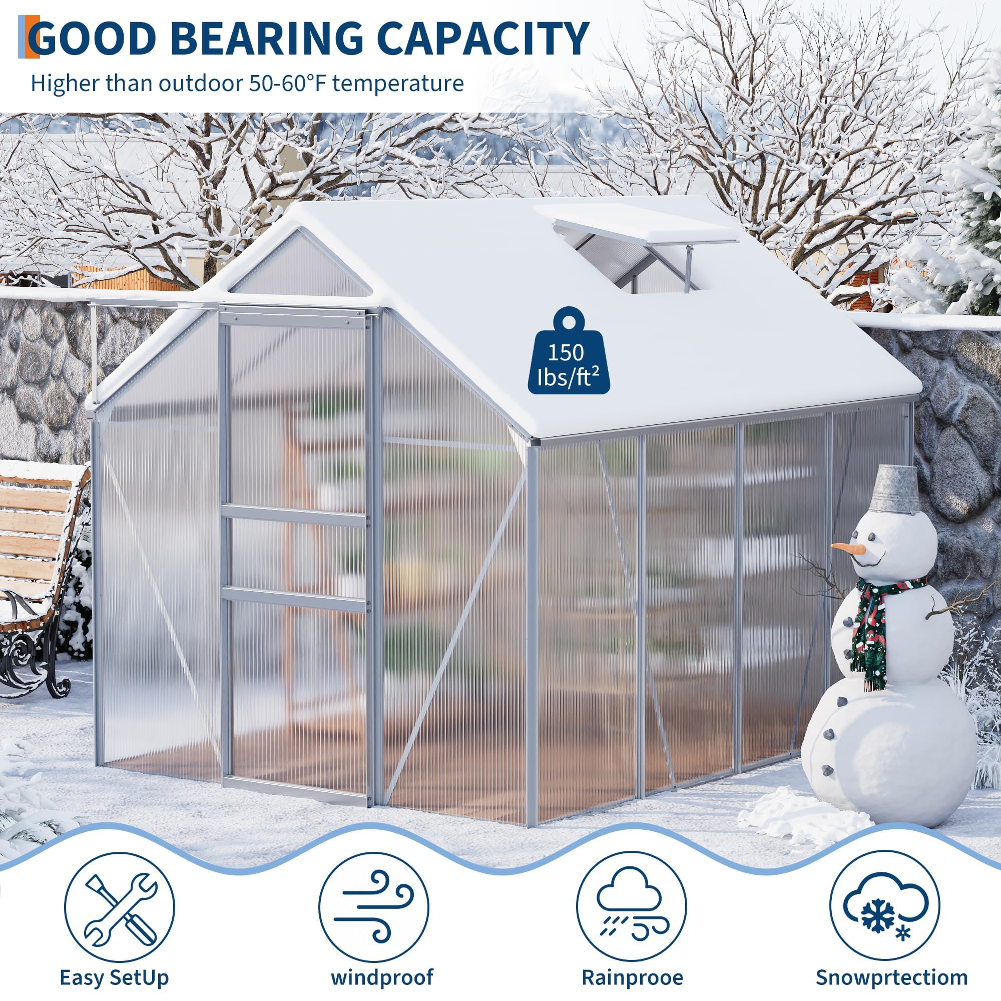 Garvee 6 x 8 FT Polycarbonate Greenhouse with Aluminum Frame, Sliding Door & Adjustable Roof Vent, Heavy-Duty Outdoor Greenhouse for Backyard, Garden, Patio