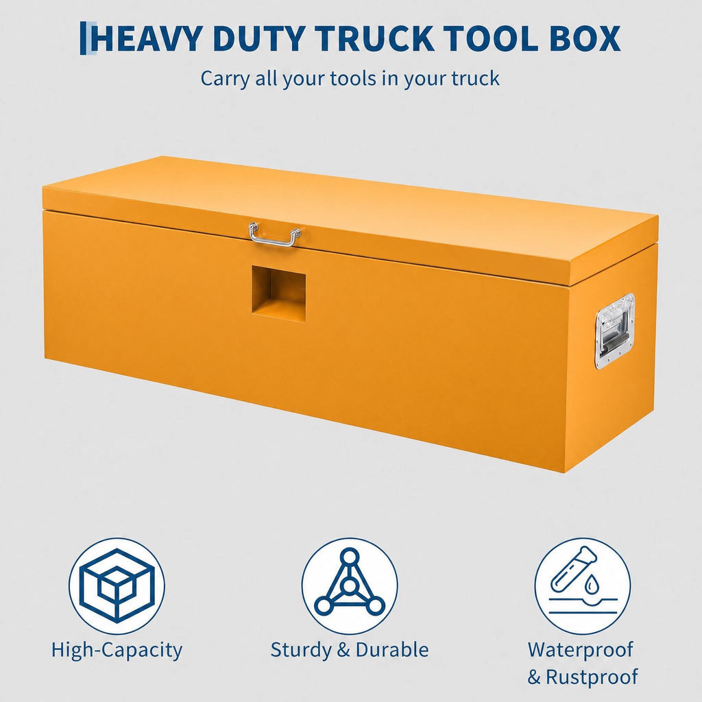 Garvee 42"X16"X14" Heavy Duty Lockable Steel Truck Bed Toolbox – Dual Lids, Weatherproof Powder-Coated, Front & Side Handles, Gas Struts for Pickup, RV, Trailer, Yellow