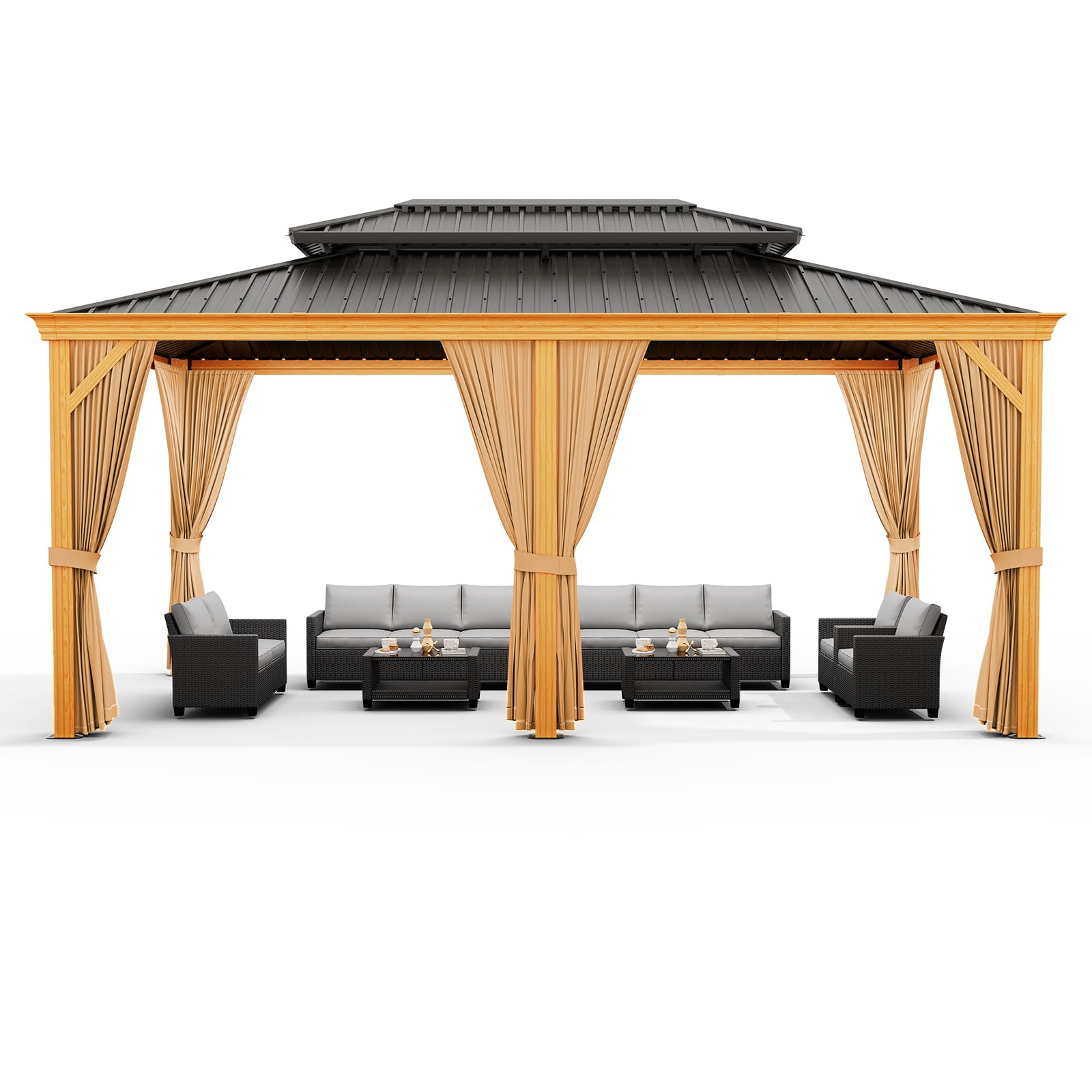 Garvee 12 x 20 FT Hardtop Gazebo, Double-Layer 27-Gauge Galvanized Steel Roof with Reinforced Aluminum Frame, Curtains & Mosquito Netting for Patio and Backyard, Black/Gray