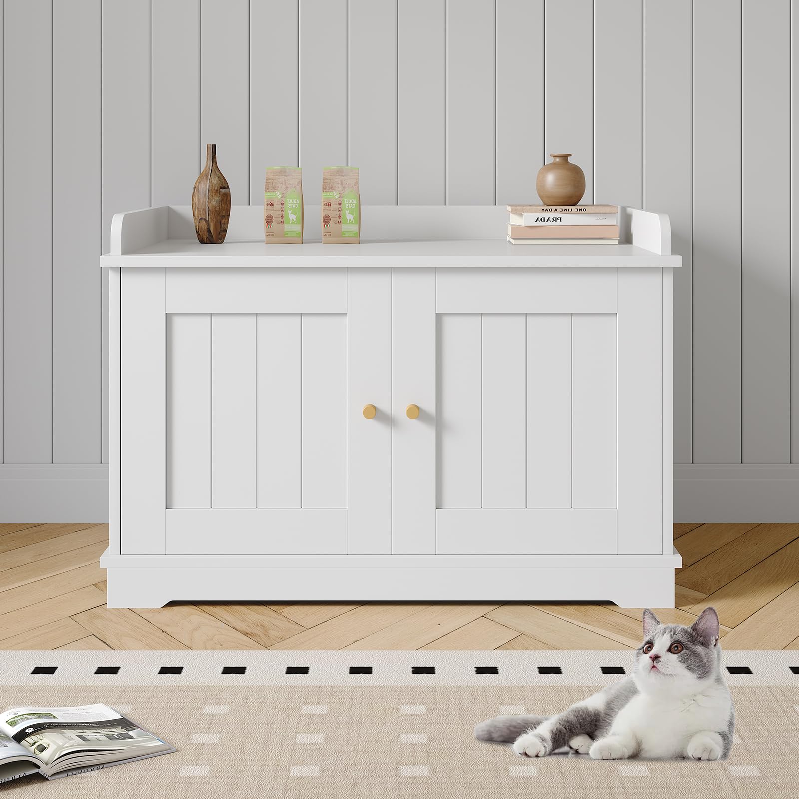 Garvee 31.5" Cat Litter Box Enclosure Furniture with 2 Doors & Display Shelf, Wooden Hidden Cat Cabinet for Living Room, Dog-Proof Design for Multiple Cats, Smooth Surface & Quick Clean-Up, White