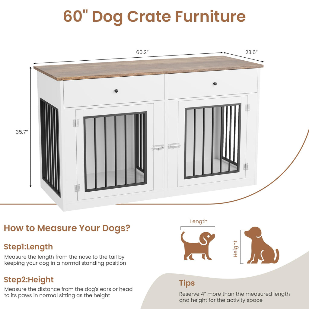 Garvee 60" Dog Crate Furniture for 2 Dogs, Heavy Duty Dog Kennel Furniture TV Stand with 2 Drawers, Dog Crates for Small Medium Dogs, Dog Cage End Table for Indoor Use, White