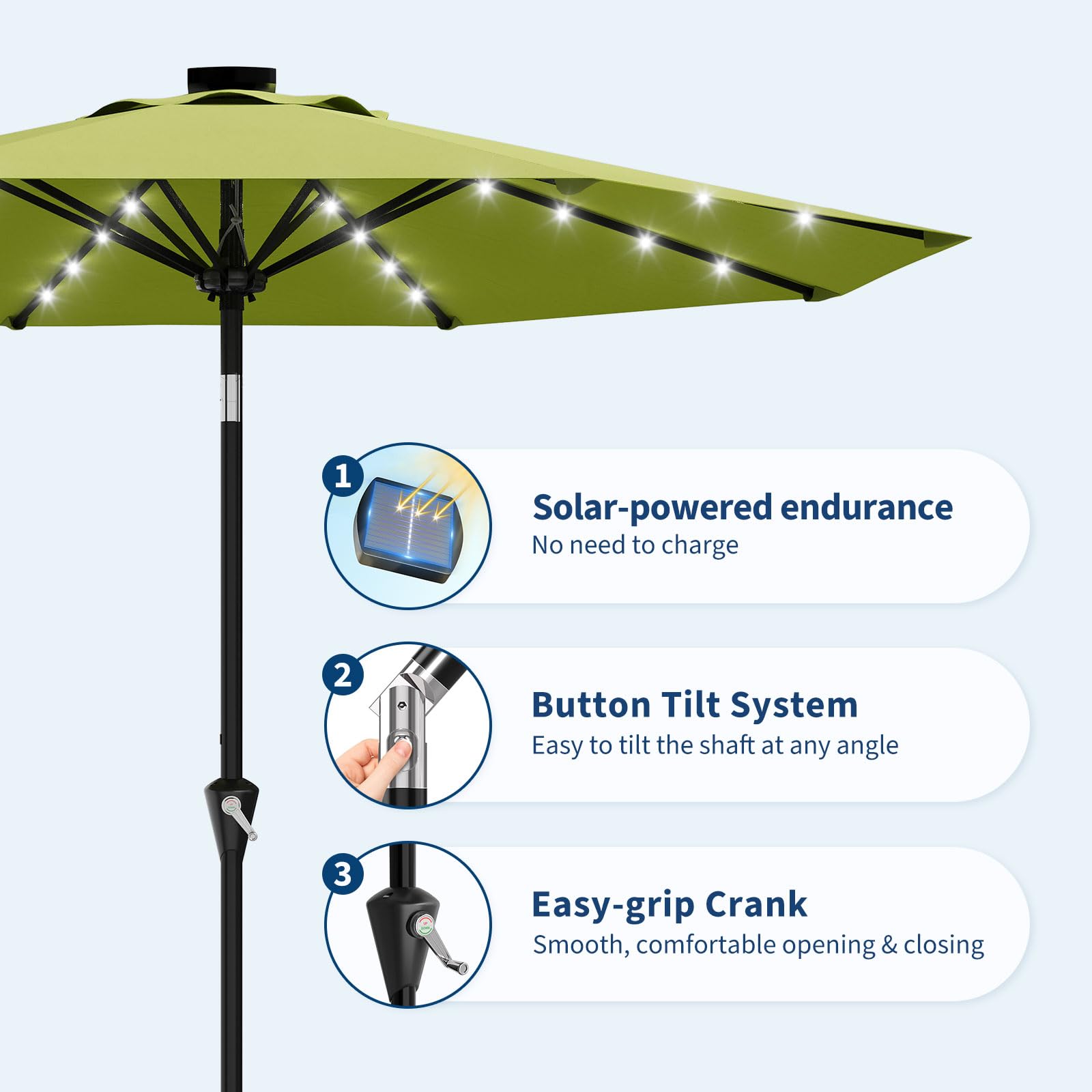 Garvee 10 ft Solar Patio Umbrella with 32 LED Lights, Outdoor Market Umbrella with Crank Lift & Tilt, UV-Resistant Canopy for Pool, Garden & Backyard, Apple Green