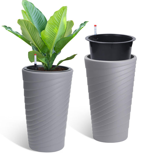Garvee Self Watering Planters Set of 2, 16.3" Gray Round Plant Pots with Water Level Monitor & Drainage for Porch Patio