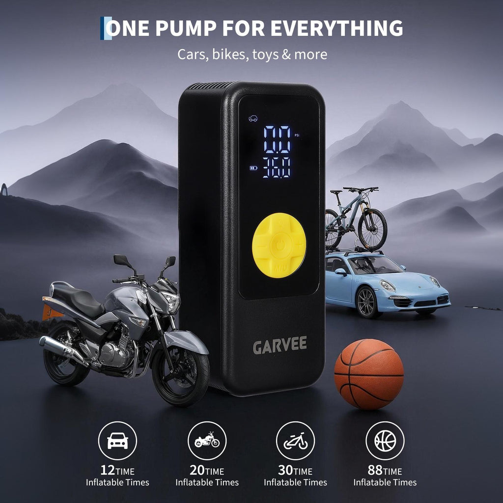 Garvee 150PSI Wireless Tire Inflator Air Compressor – Digital Pressure Gauge, Auto Shut-Off, Type-C Charging, LED Light, Rechargeable Battery – Car, Motorcycle, Two-wheeler, Sports Balls – Bright Yellow - US Standard