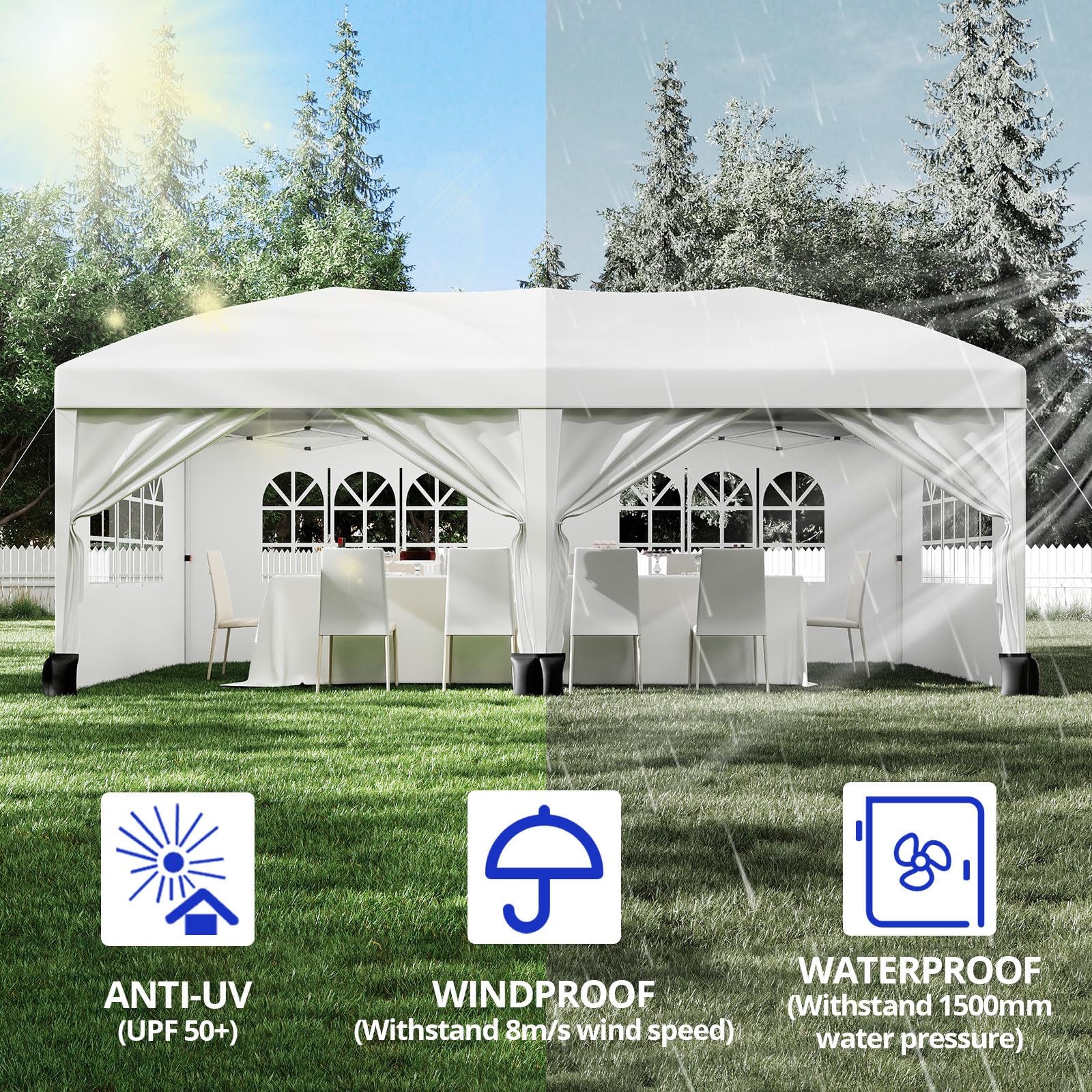 Garvee Pop Up Canopy Tent, 10 x 20 FT White Commercial Gazebo with 6 Sidewalls, Adjustable Height and Waterproof Cover for Parties, Weddings and Events