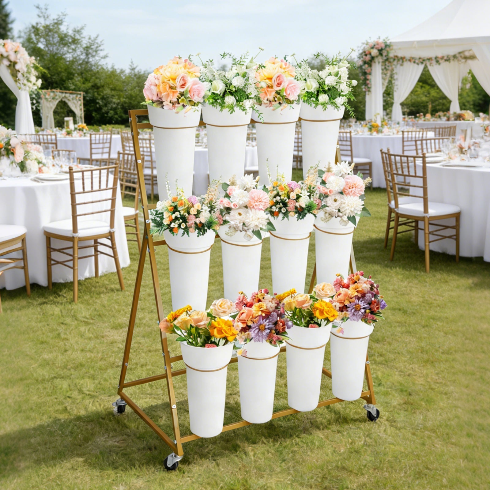 Garvee 3-Tier Gold Metal Flower Stand with 12 Removable Round Buckets, Mobile Plant Display Shelf – Heavy Duty Indoor Outdoor Plant Rack with Wheels for Garden, Patio, Shop, Wedding – Size: 90×55×120cm, Color: Gold