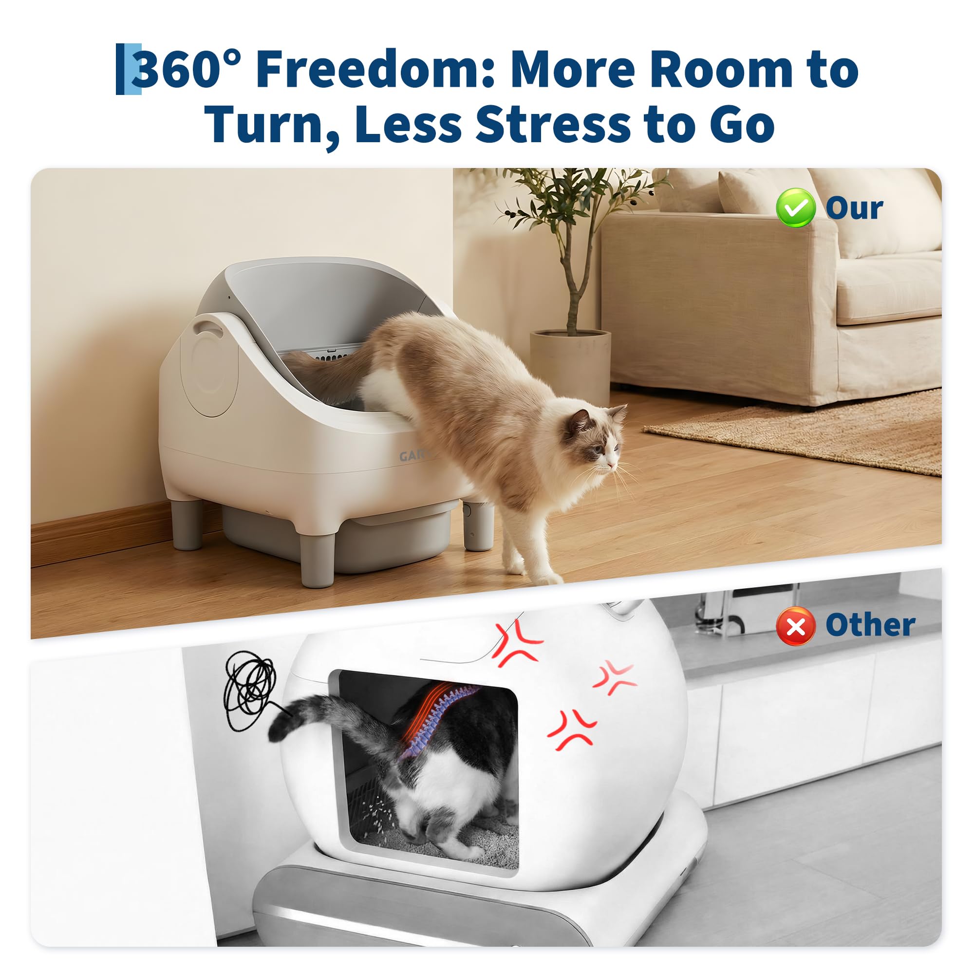 Garvee Self-Cleaning Cat Litter Box with App Control, Automatic Litter Box with Odor-Free 10.5L Bin, Whisper-Quiet, 7-Layer Safety, Open-Top Design for Large & Multiple Cats, Gray