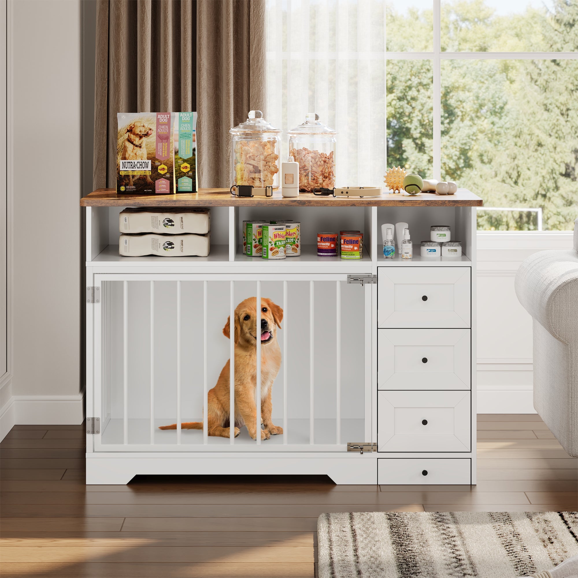 Garvee 48" Dog Crate Furniture with Bowls, Heavy Duty Dog Kennel End Table with 3 Storage Drawers, Locking Door, Farmhouse Style Pet Crate Cabinet for Medium Small Dogs, White
