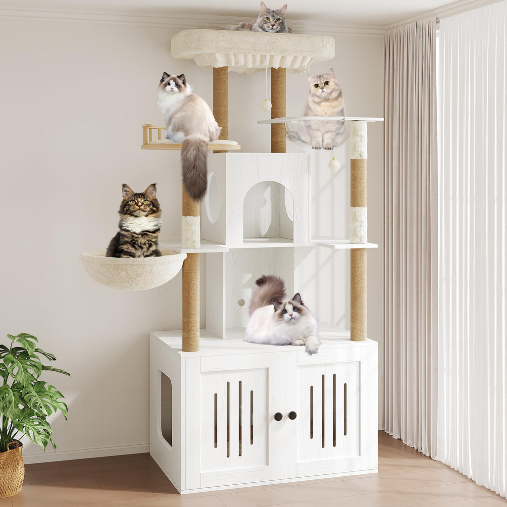 Garvee Multi-Level Cat Tree with Hidden Litter Box Enclosure – Soft Perch, Hammock, Sisal Scratching Posts, Modern Cat Condo Furniture for Living Room – Cat Tower for Indoor Cats – Vintage White