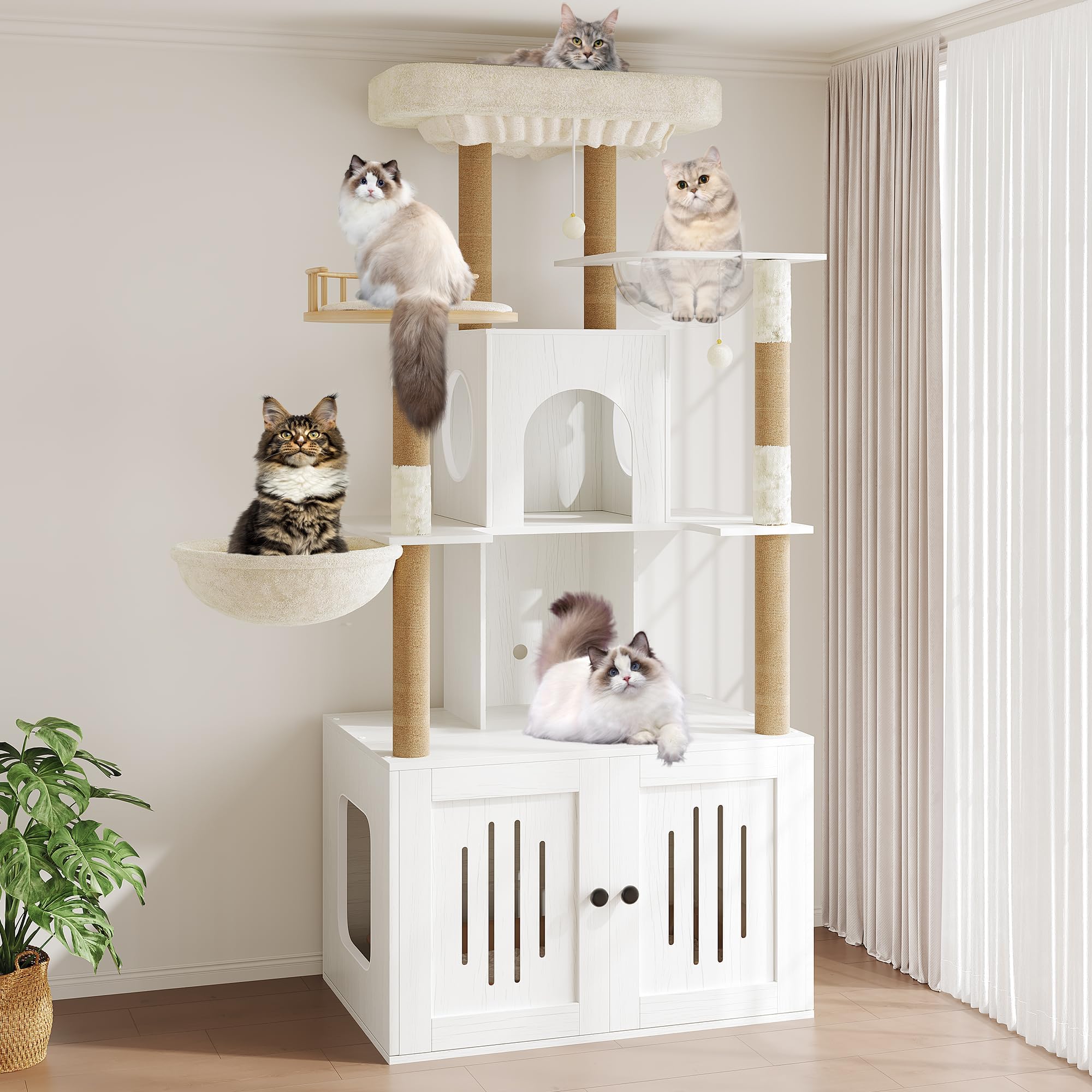Garvee Multi-Level Cat Tree with Hidden Litter Box Enclosure – Soft Perch, Hammock, Sisal Scratching Posts, Modern Cat Condo Furniture for Living Room – Cat Tower for Indoor Cats – Vintage White