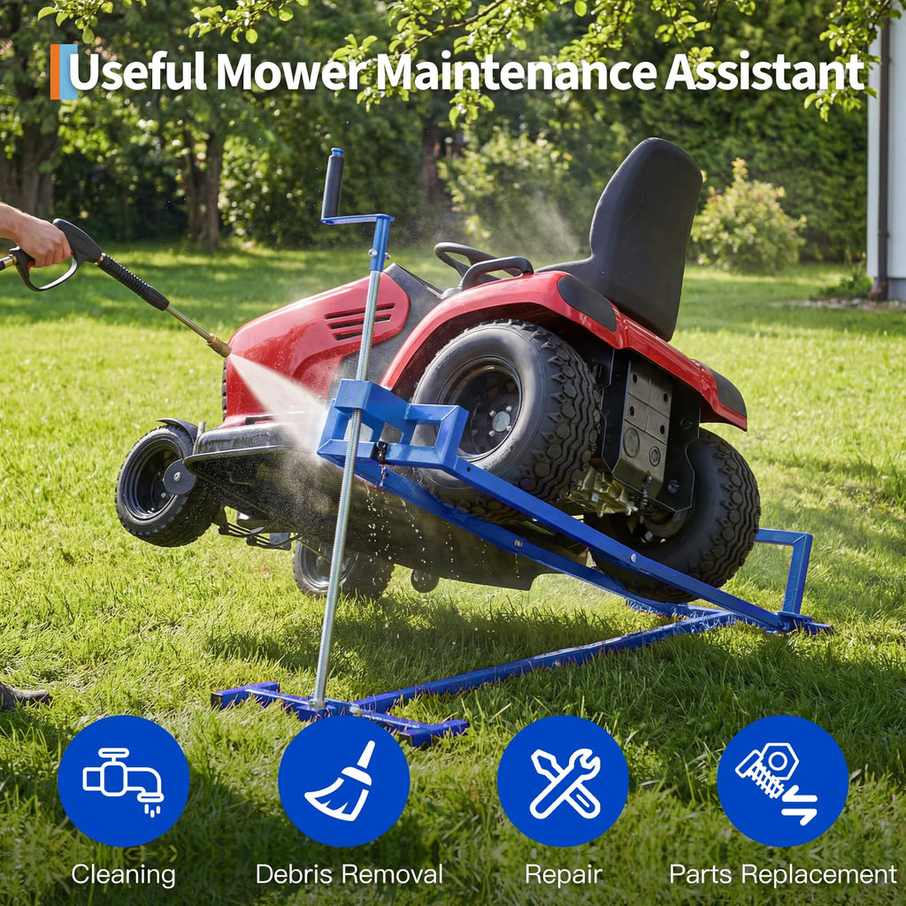 Garvee 880 lb Heavy Duty Lawn Tractor Lift Jack, 0-35° Adjustable Tilt Angle Riding Mower Lift with 27.5" Max Lift Height, Manual Hand Crank or Power Drill Operation, Collapsible Storage Maintenance Hoist for Zero Turn, ATV, Garden Tractors, Blue