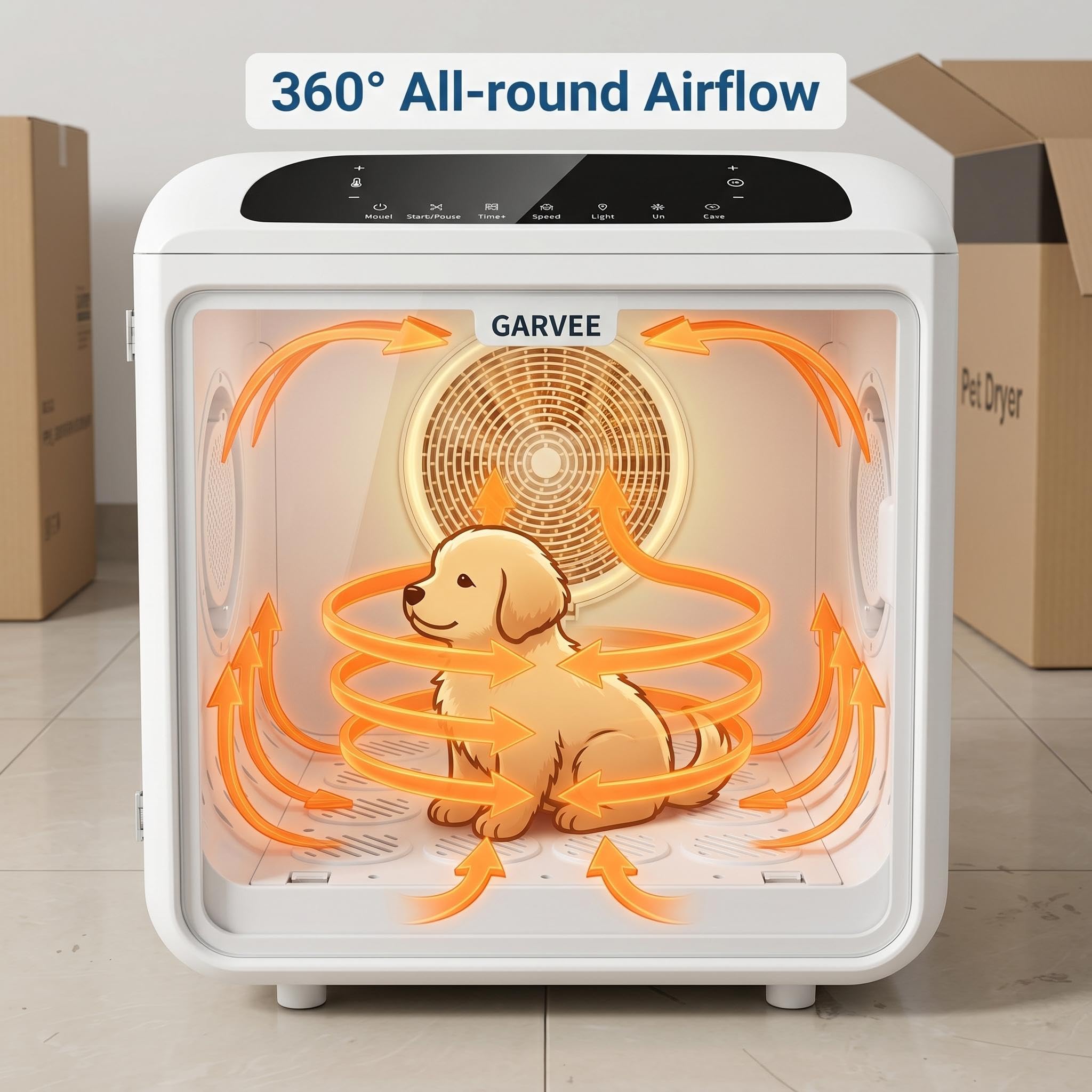 Garvee Quiet Pet Dryer Box for Cats & Small Dogs – 50L Capacity – 360° Airflow – Low Noise Grooming Dryer – Smart Temperature Control – Removable Water Tray – Adjustable Door – Hands-Free Bathing Accessory – US Version