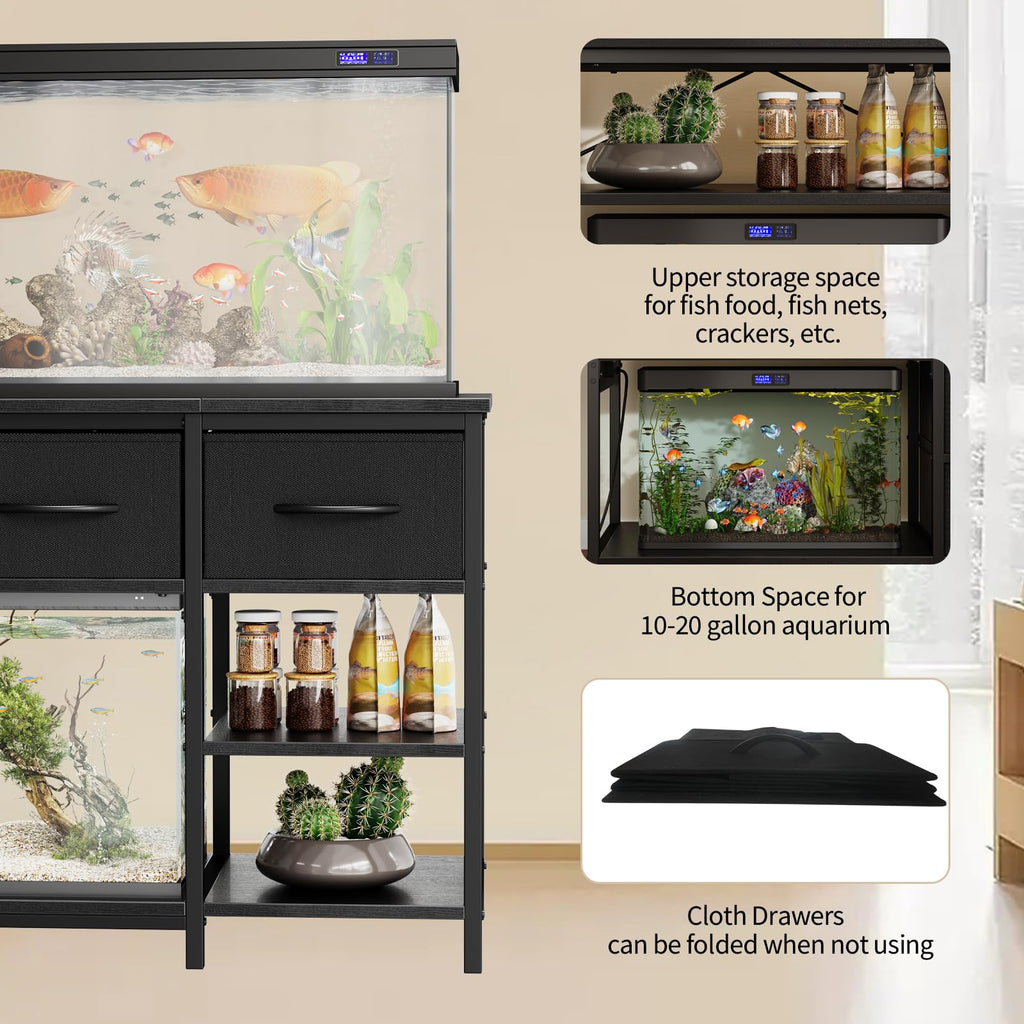 Garvee 55-75 Gallon Aquarium Stand, Heavy Duty Fish Tank Stand with Drawers & Shelves, LED Light, 1000lbs Capacity, Fish & Reptile Tanks Stand with Power Outlet & USB