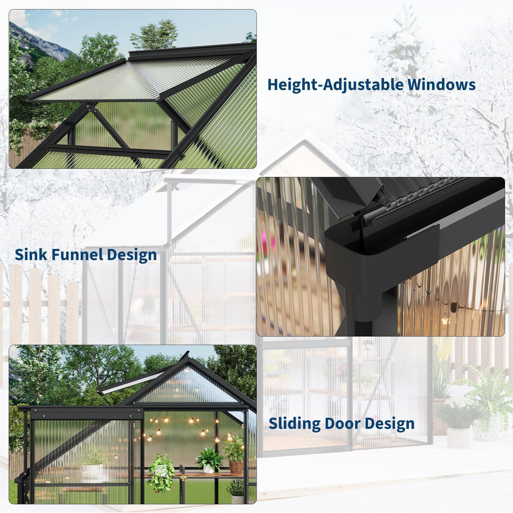 Garvee Heavy-Duty Polycarbonate Walk-in Greenhouse for Backyard, Patio, Garden – Aluminum Frame, Sliding Door, Roof Vent, Rain Gutter, High Light Transfer, All-Weather Protection – 6x4FT, Black Oxide