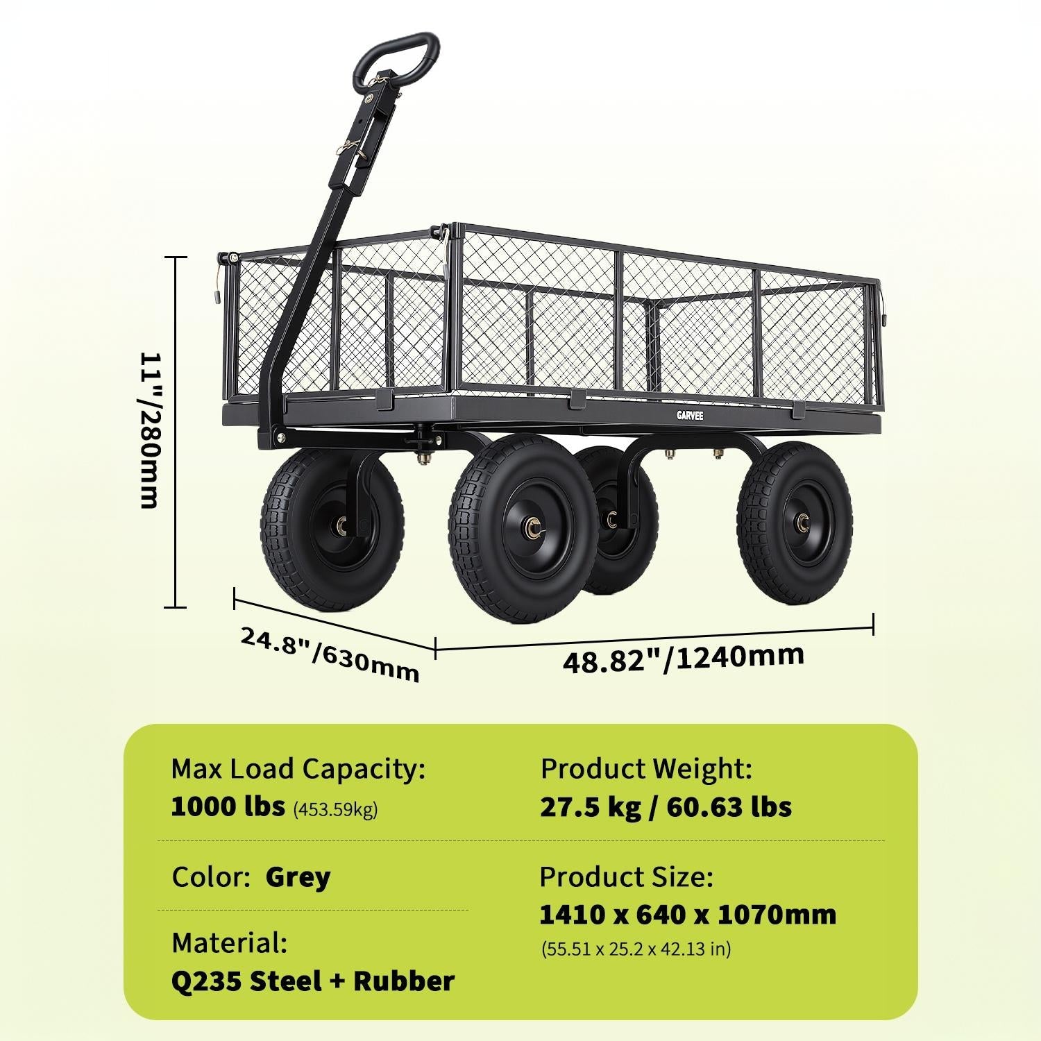 Garvee 1000LBS Heavy Duty Steel Garden Cart Wagon with 13" Pneumatic Tires, Removable Mesh Sides & Rotating Handle, Outdoor Utility Wagon for Garden, Lawn, Yard & Farm, Gray