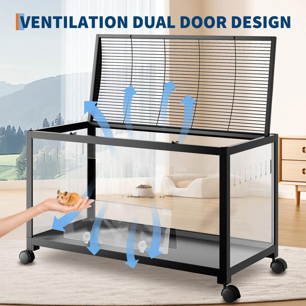 Garvee Large Hamster Cage, 3-Tier Gerbil Cages with Running Wheel, Water Bottle, Food Bowl, Ramps, Portable Hamster House with 7" Deep Glass Bottom for Syrian, Hamster, Gerbils (Metal Black)