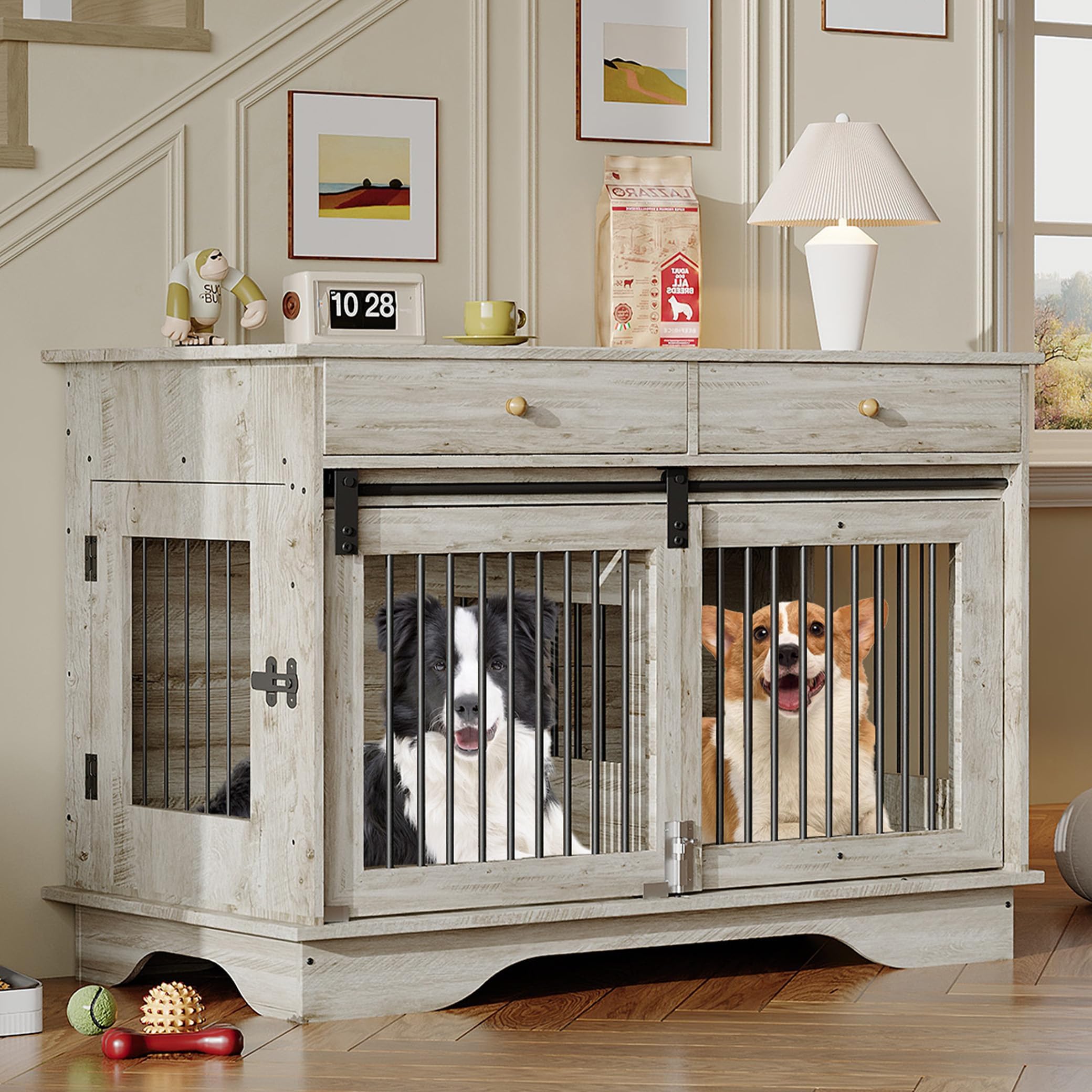 Garvee Dog Crate Furniture for 2 Dogs, 47" Double Dog Kennel with Removable Divider and 2 Drawers, Decorative TV Stand Side Table, Indoor Pet Cage for Large/Medium/Small Dogs, Gray
