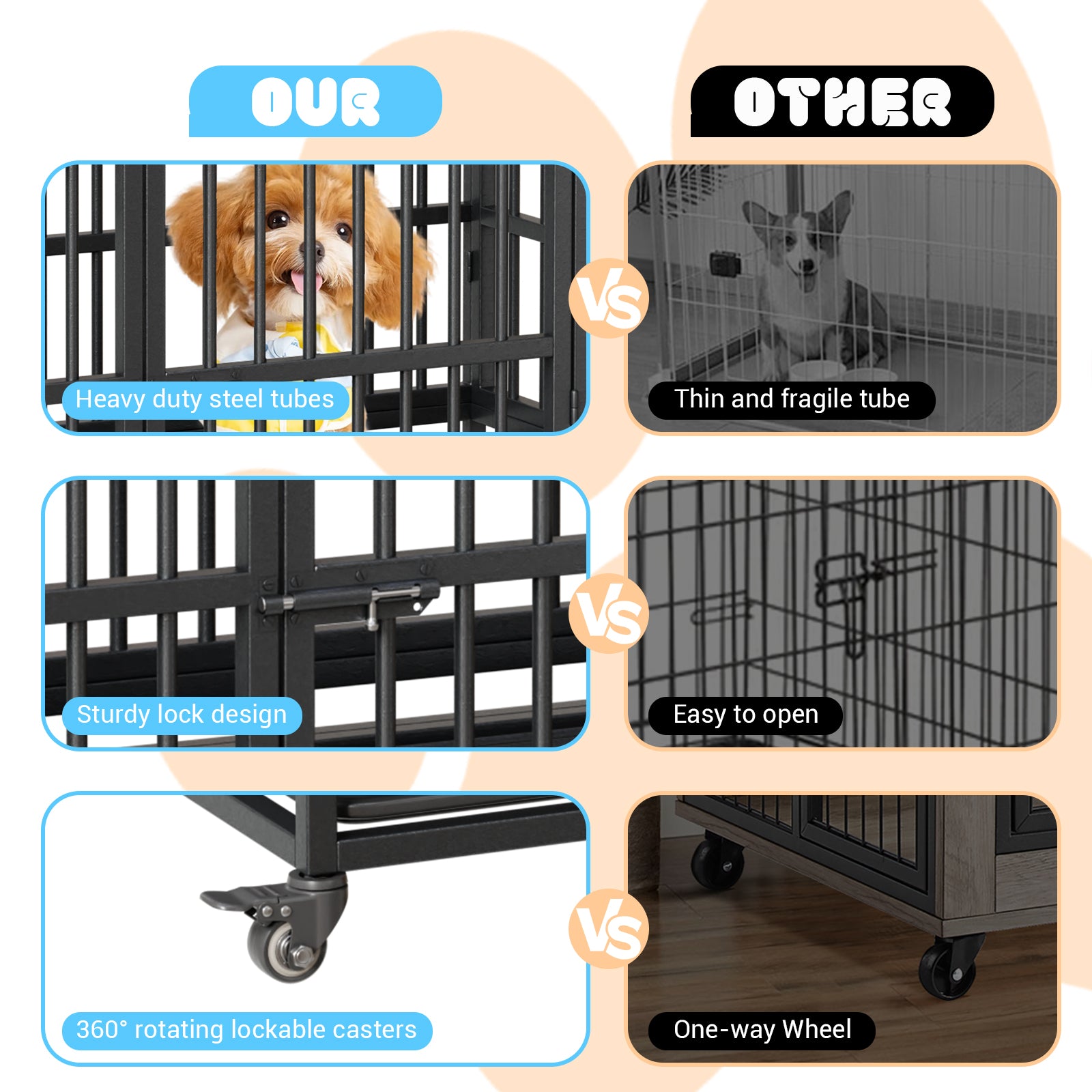 Garvee Heavy Duty Indestructible Dog Crate – Metal Escape-Proof Kennel for Large Dogs, Double Doors, 360° Lockable Wheels, Removable Tray, Easy Assembly – Secure Indoor Pet Cage, Size: 42.5inch