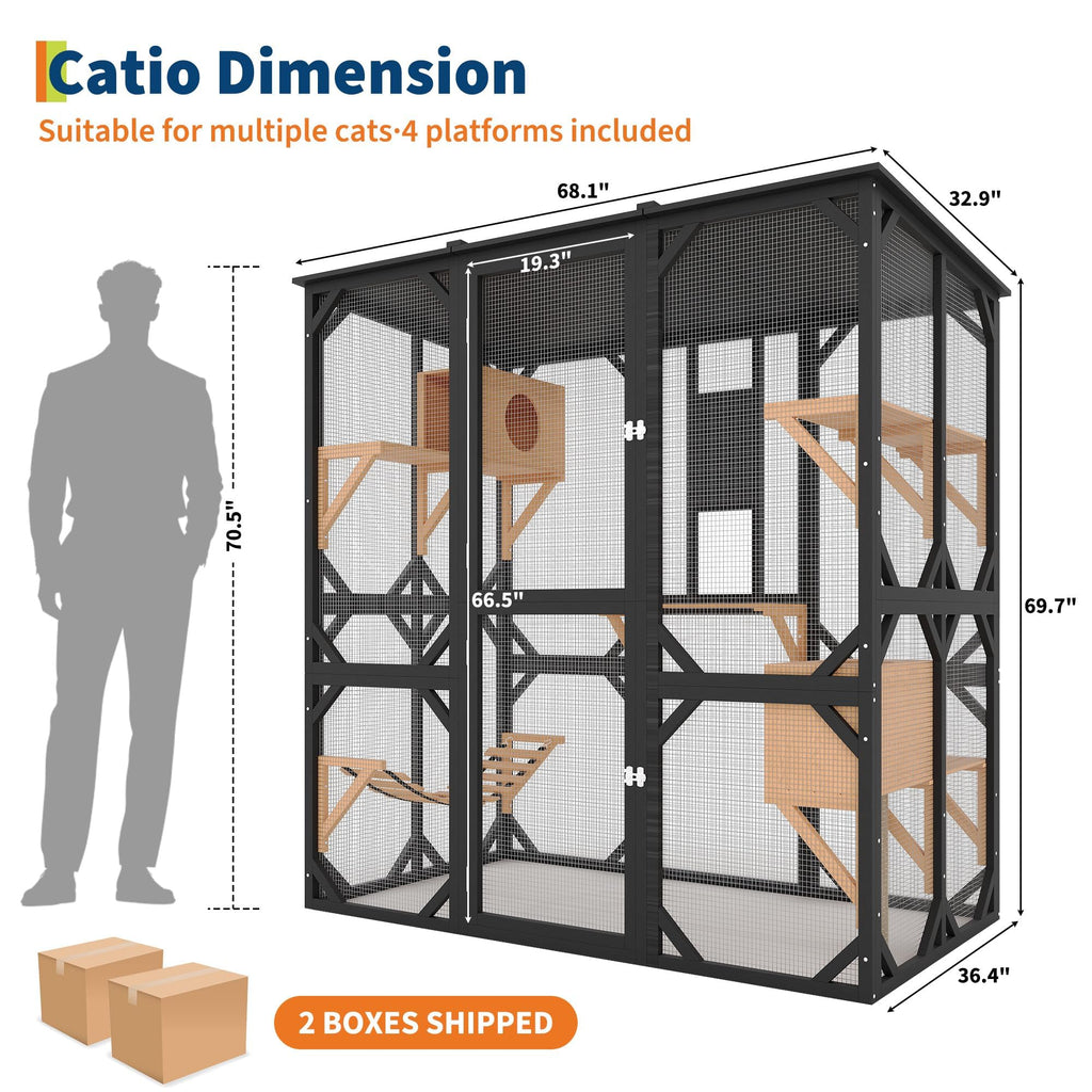 Garvee 70" Large Catio with Window Access, Outdoor Walk-in Cat Enclosure for Cats, Wooden Cat Patio with Asphalt Roof, Platforms, Scratch Post, Bridge & Condo Black