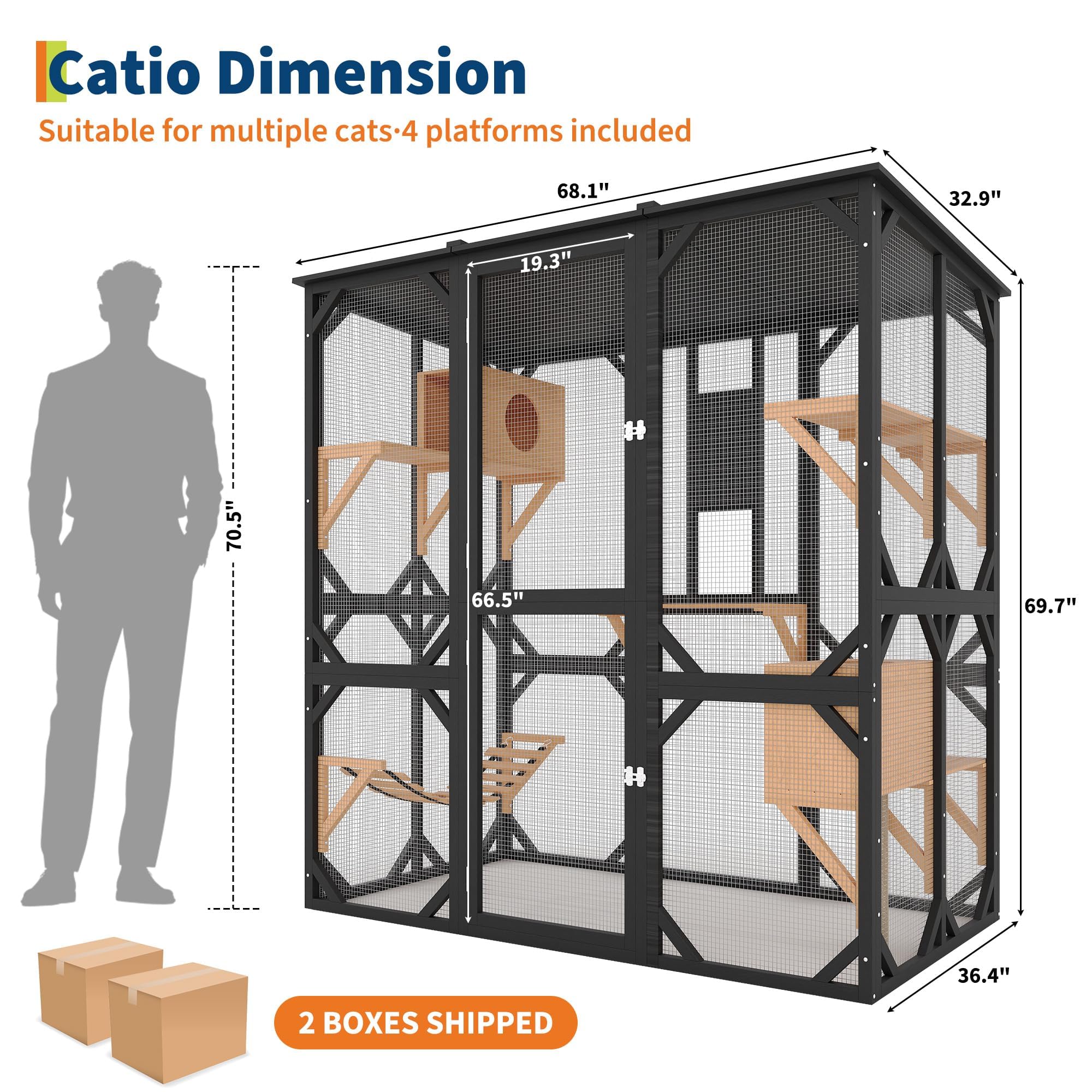 Garvee 70" Large Catio with Window Access, Outdoor Walk-in Cat Enclosure for Cats, Wooden Cat Patio with Asphalt Roof, Platforms, Scratch Post, Bridge & Condo Black