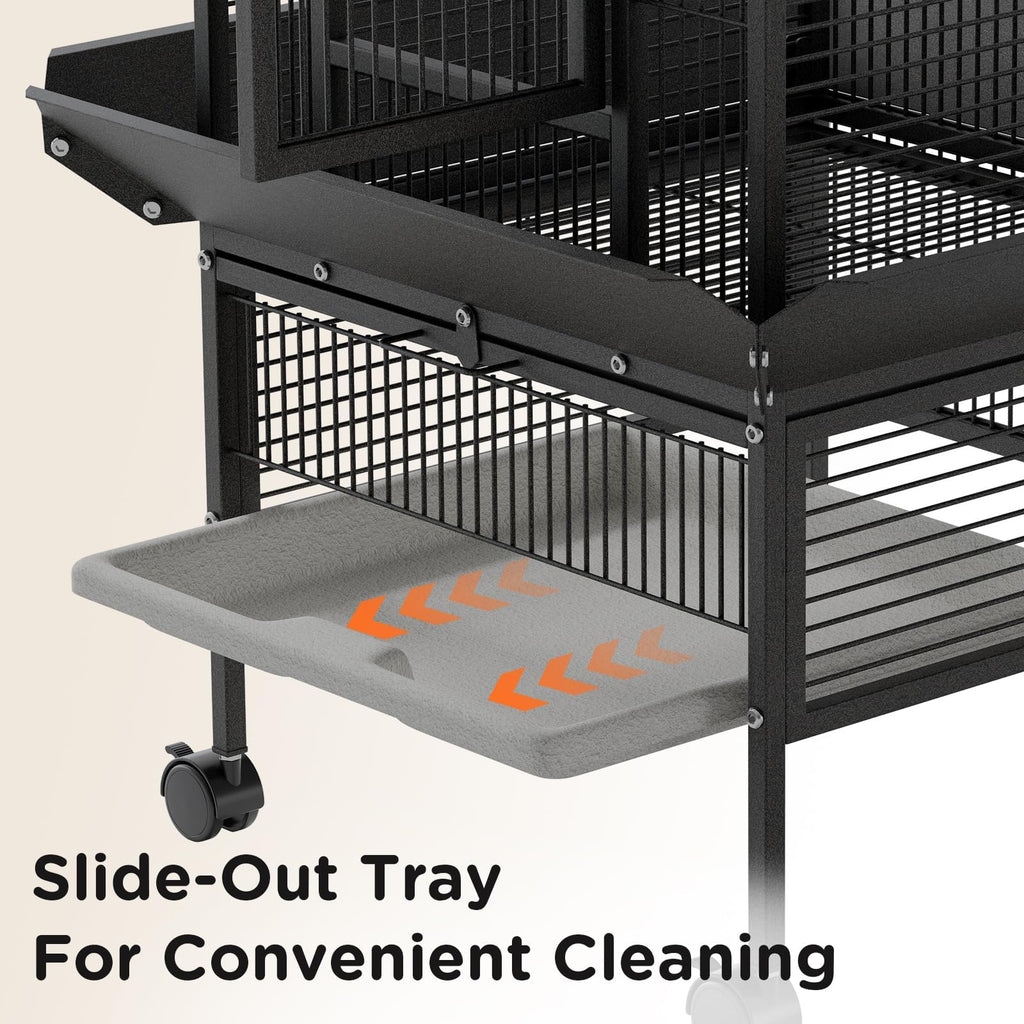 Garvee 60 Inch Wrought Iron Large Bird Flight Cage with Rolling Stand, Play Top & 4 Stainless Steel Bowls, Flight Parrot Cage for African Grey, Cockatiel, Conure, Parakeet, Budgie, Lovebird, Black