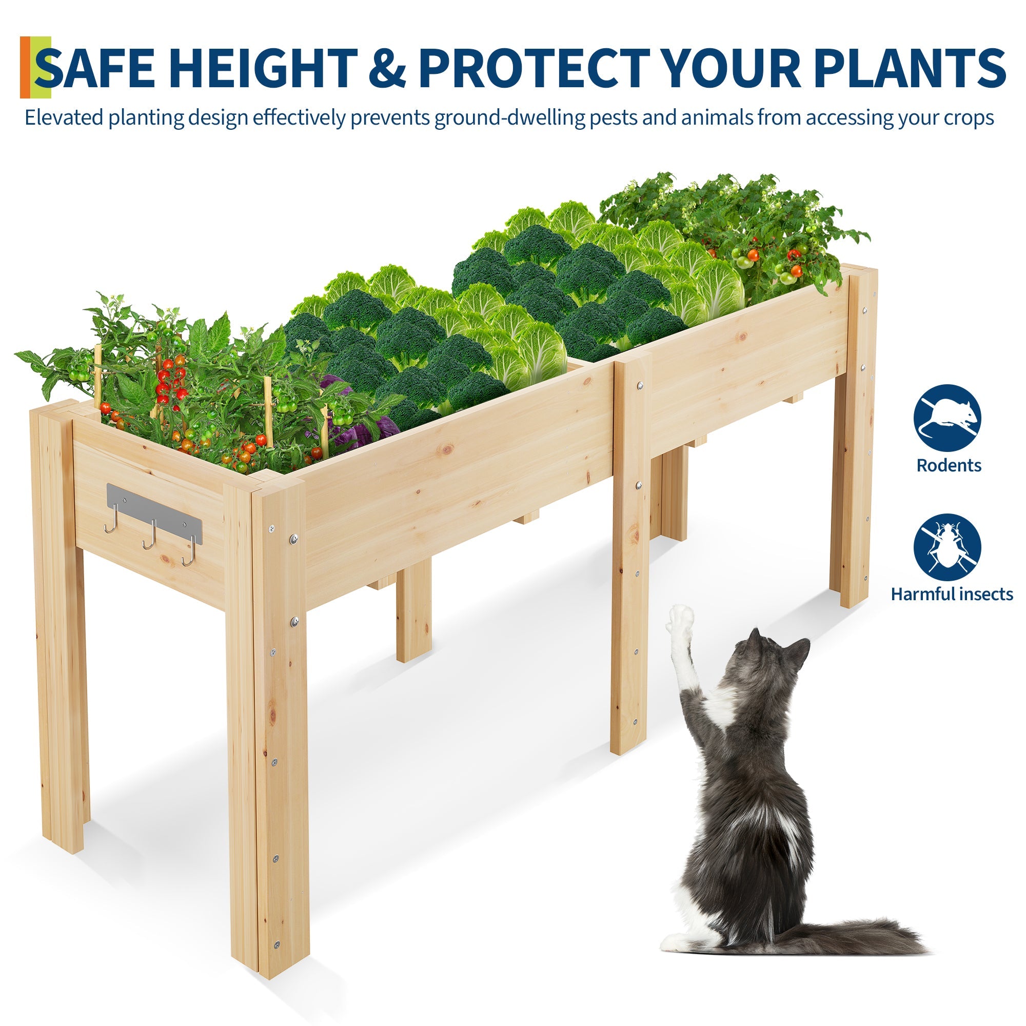 Garvee Ergonomic Wooden Raised Garden Bed with High Legs & Hooks, 72" x 23" x 30" Large Capacity Outdoor Planter Box with Non-Woven Liner, Easy Assembly for Vegetables, Herbs & Flowers, Varnish