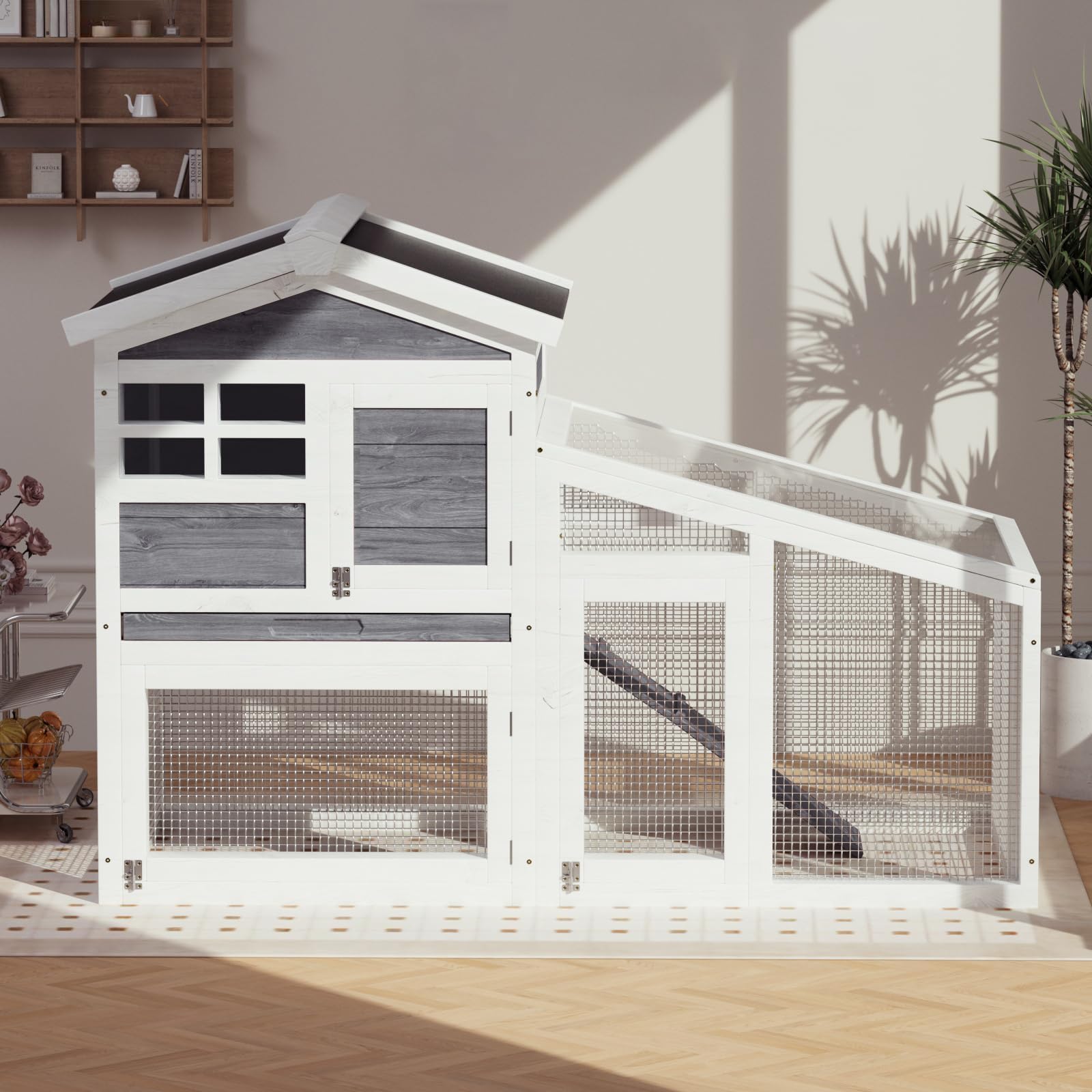 Garvee Large Outdoor Rabbit Hutch, 2-Tier 53" Wooden Small Animal Cage with Removable Tray, Anti-Chew, Weatherproof Rabbit Hutch with Non-Slip Ramp – Ideal for Rabbits, Guinea Pigs, Chickens, Gray