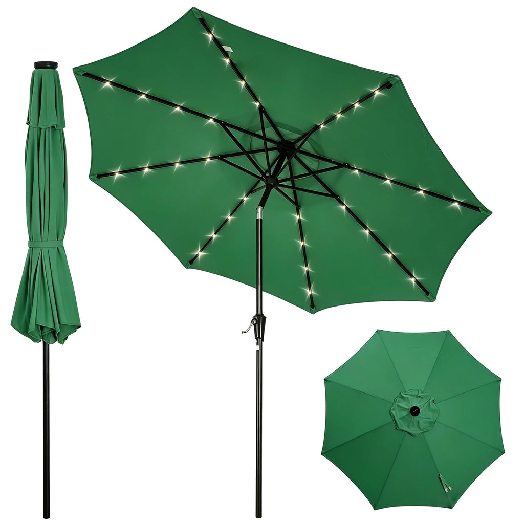 Garvee 9 FT Solar LED Patio Umbrella, Outdoor Market Table Umbrella with Tilt & Crank, 32 Lights, 8 Iron Ribs, UV Sun Shade for Garden, Deck & Pool, Dark Green