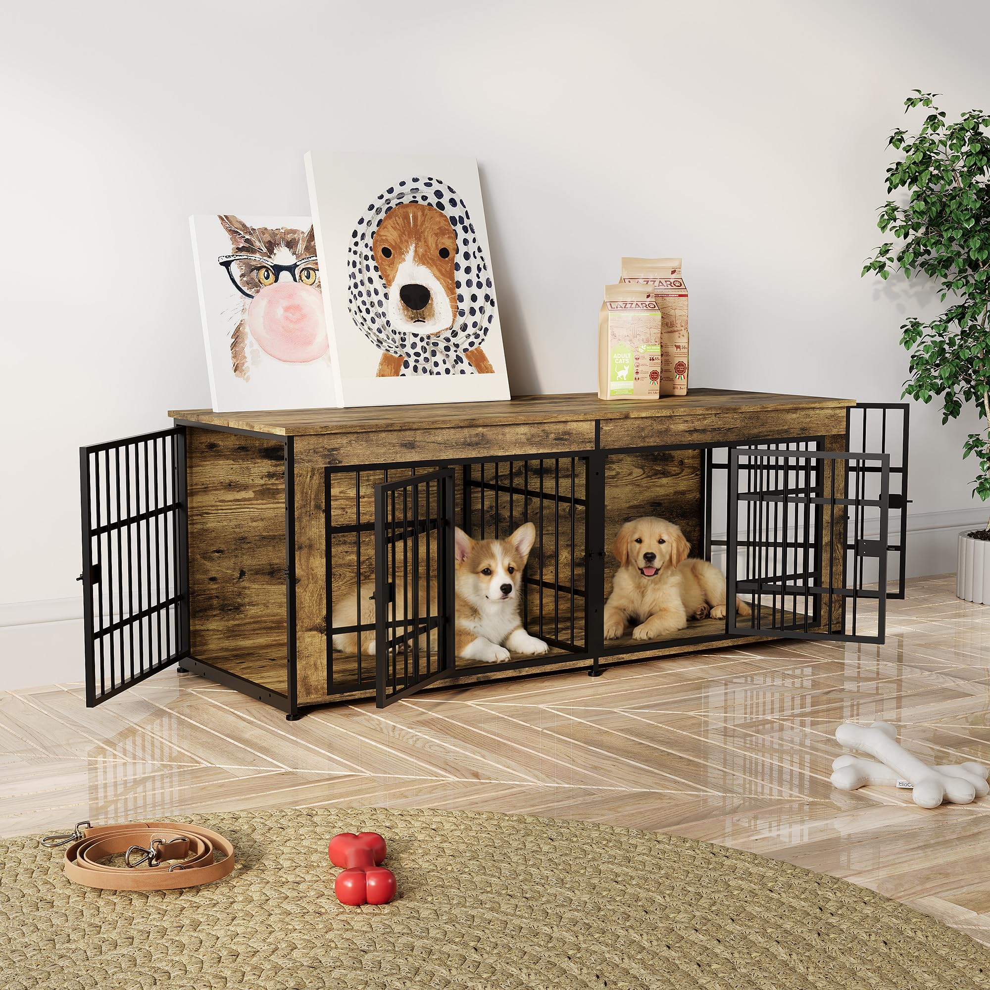 Garvee Double Dog Crate Furniture with Divider – Heavy Duty Wooden Indoor Kennel End Table – 3-in-1 Pet House for Large/Medium Dogs – Metal Doors, Adjustable Feet, Easy Assembly – Tiger Wood