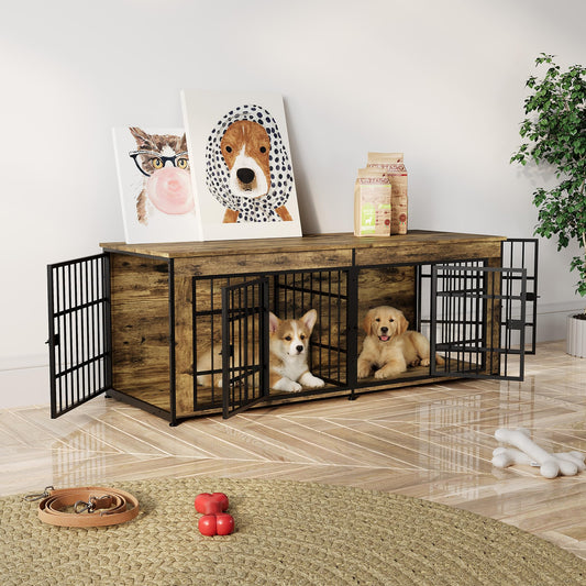 Garvee Double Dog Crate Furniture with Divider – Heavy Duty Wooden Indoor Kennel End Table – 3-in-1 Pet House for Large/Medium Dogs – Metal Doors, Adjustable Feet, Easy Assembly – Tiger Wood