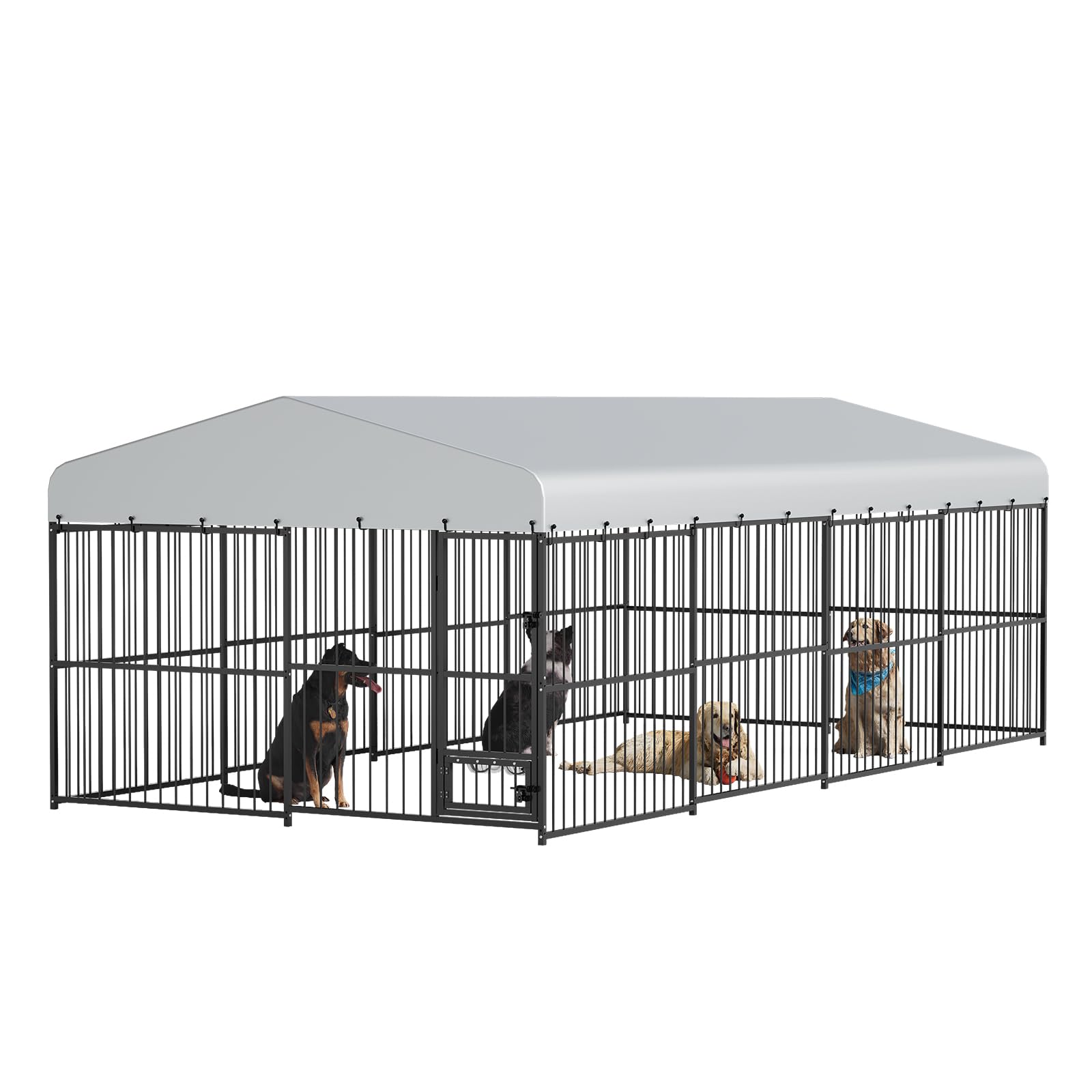 Garvee Outdoor Heavy Duty Large Dog Kennel, Walk-in Dog Cage with Metal Gate & Secure Lock, Large Dog Enclosure with Waterproof Roof, Includes Feeding Doors & Bowls for Backyard, 10x20x6 ft