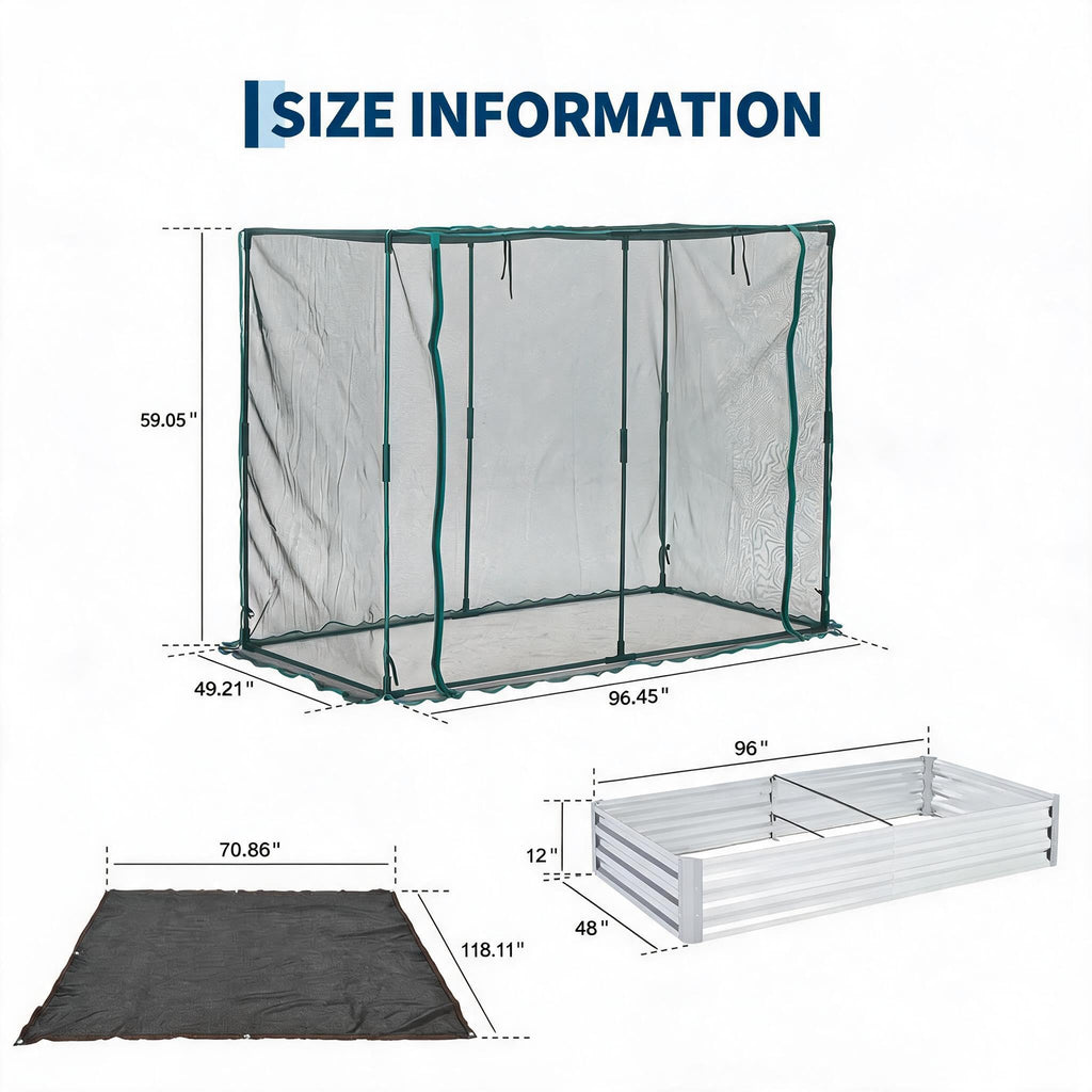 Garvee 8 x 4 x 1 FT Galvanized Raised Garden Bed with Crop Cage, 60% Shade Cloth, Zippered Mesh Doors & Pest Barrier for Vegetables, Herbs and Flowers, Silver