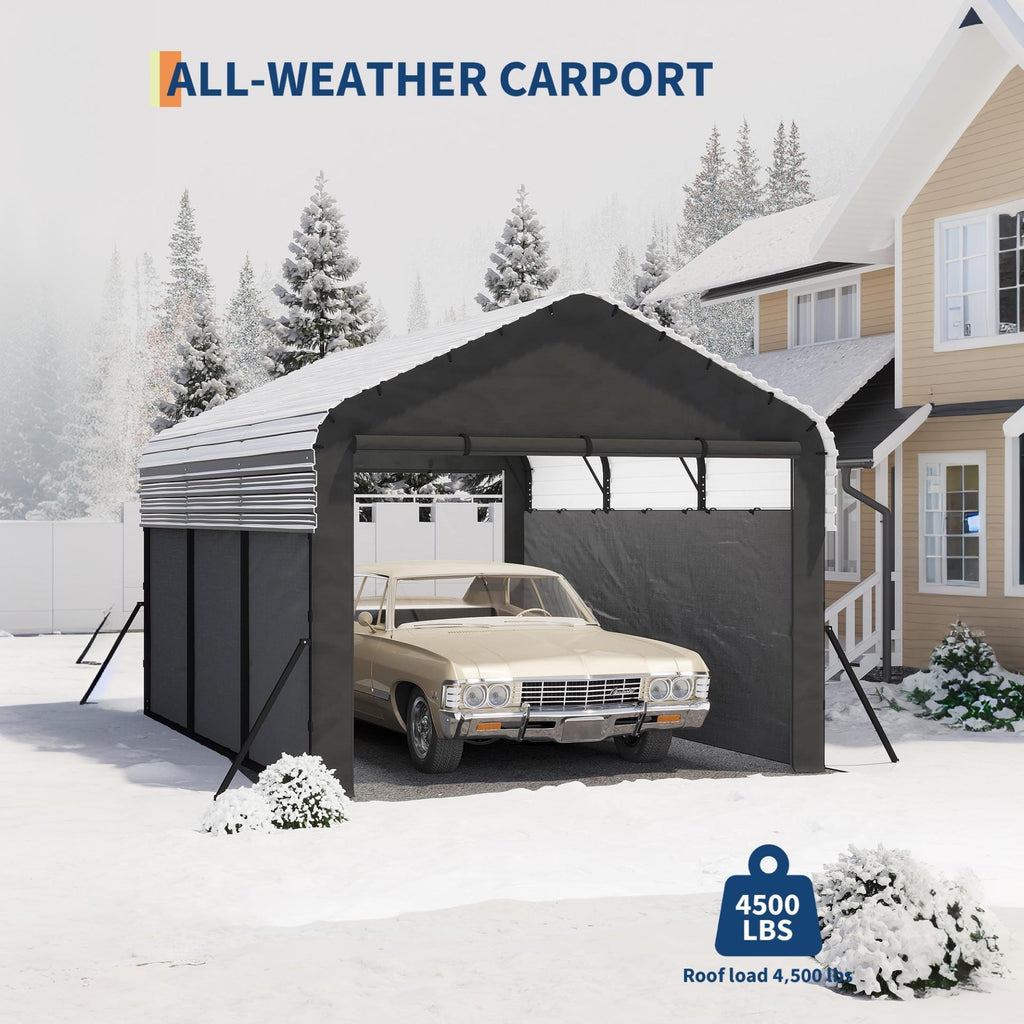 Garvee Enclosed Metal Carport 10×15 ft, 220g PE Tarp, 1.6" 19-Gauge Steel Frame, 106" H Outdoor Shelter for Sedans Boats Tractors