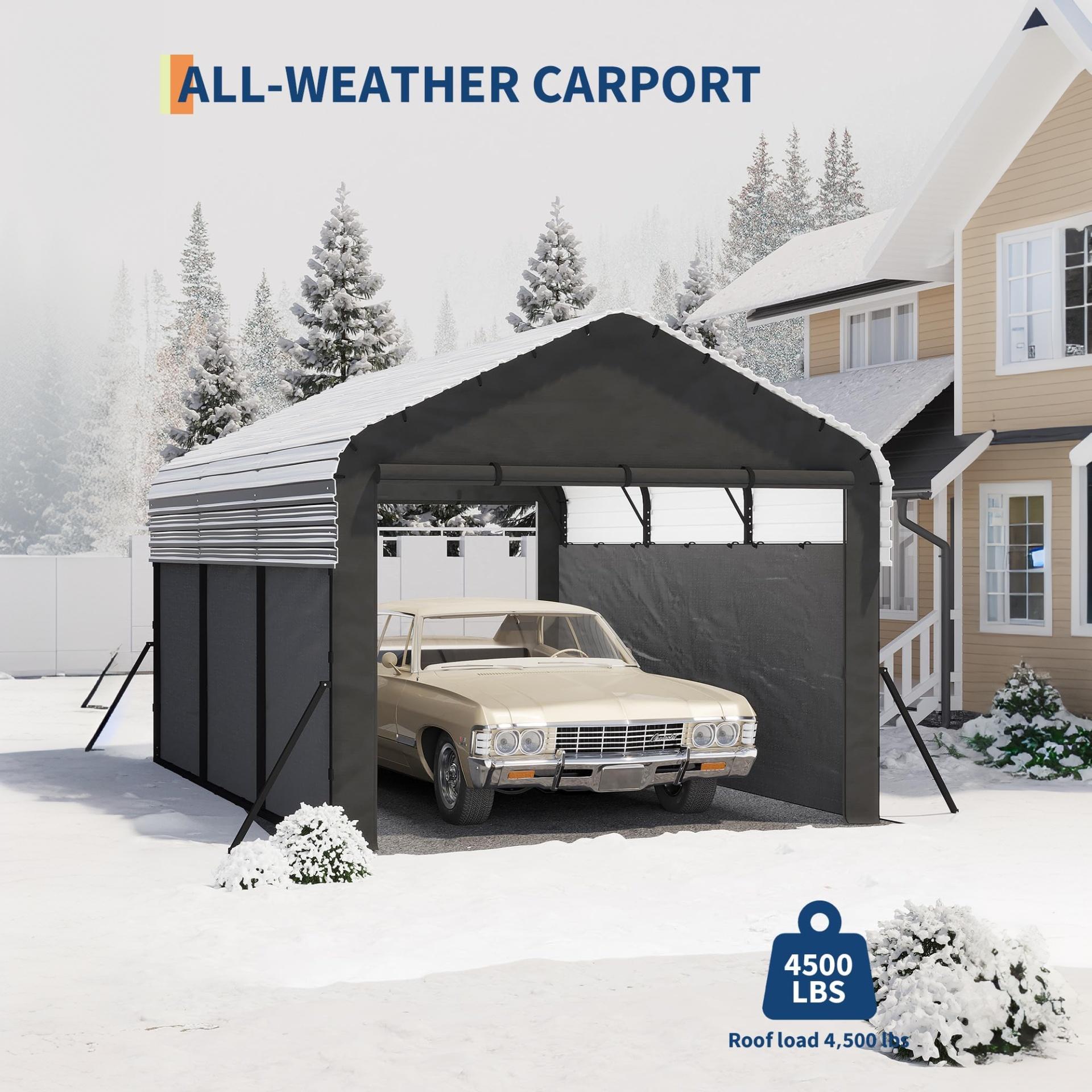 Garvee Enclosed Metal Carport 10×15 ft, 220g PE Tarp, 1.6" 19-Gauge Steel Frame, 106" H Outdoor Shelter for Sedans Boats Tractors