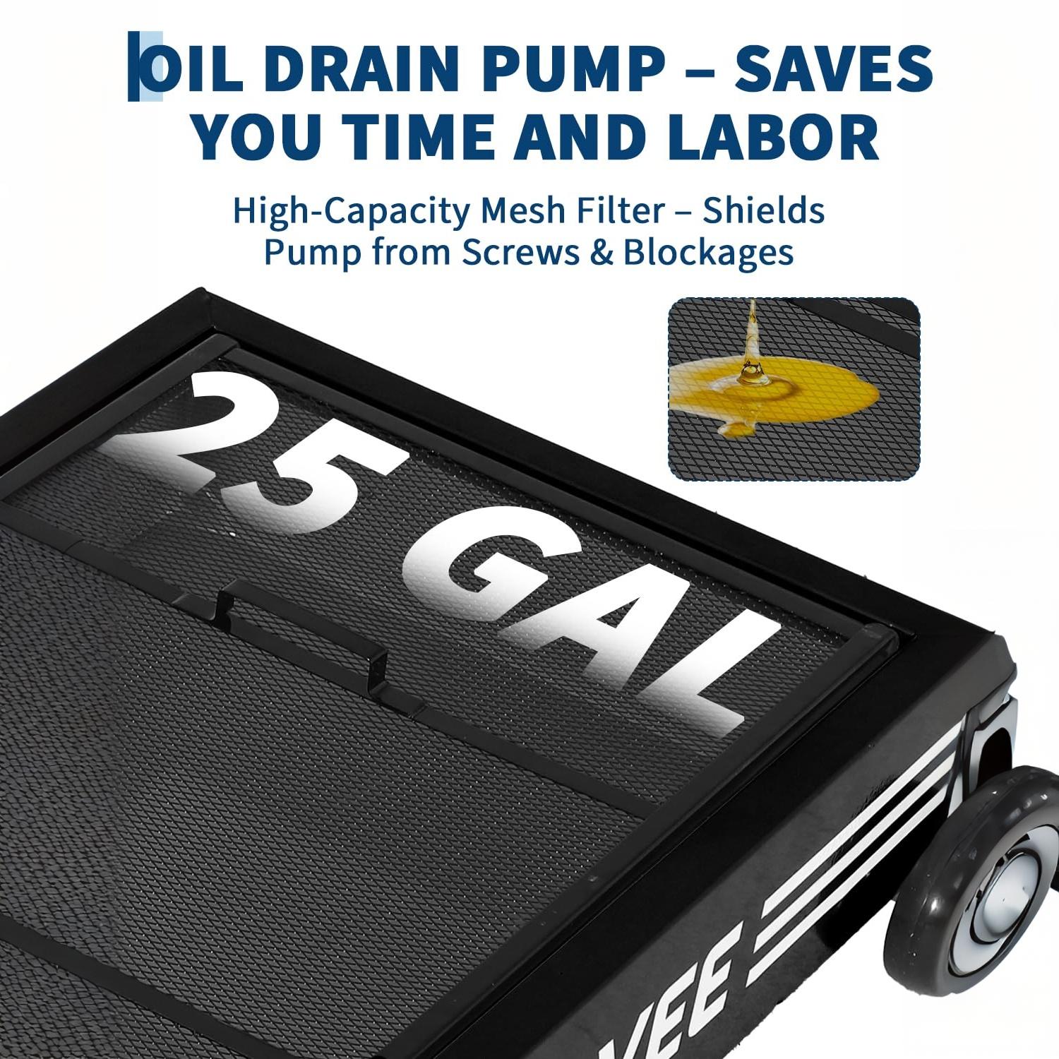 Garvee Low Profile Oil Drain Pan with 110V Electric Pump – 25 Gallon Heavy Duty Steel Waste Oil Collection Cart for Trucks, Cars, SUVs – Features 8.2 Ft Hose, Rolling Cart – Black Waistline Version