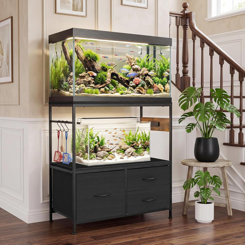 Garvee 20-29 Gallon Fish Tank Stand, Metal Double Aquarium Stand with Cabinet, Heavy Duty Reptile Terrarium Stand for Home Office Fish Tank Shelf, 330LBS Capacity, Black