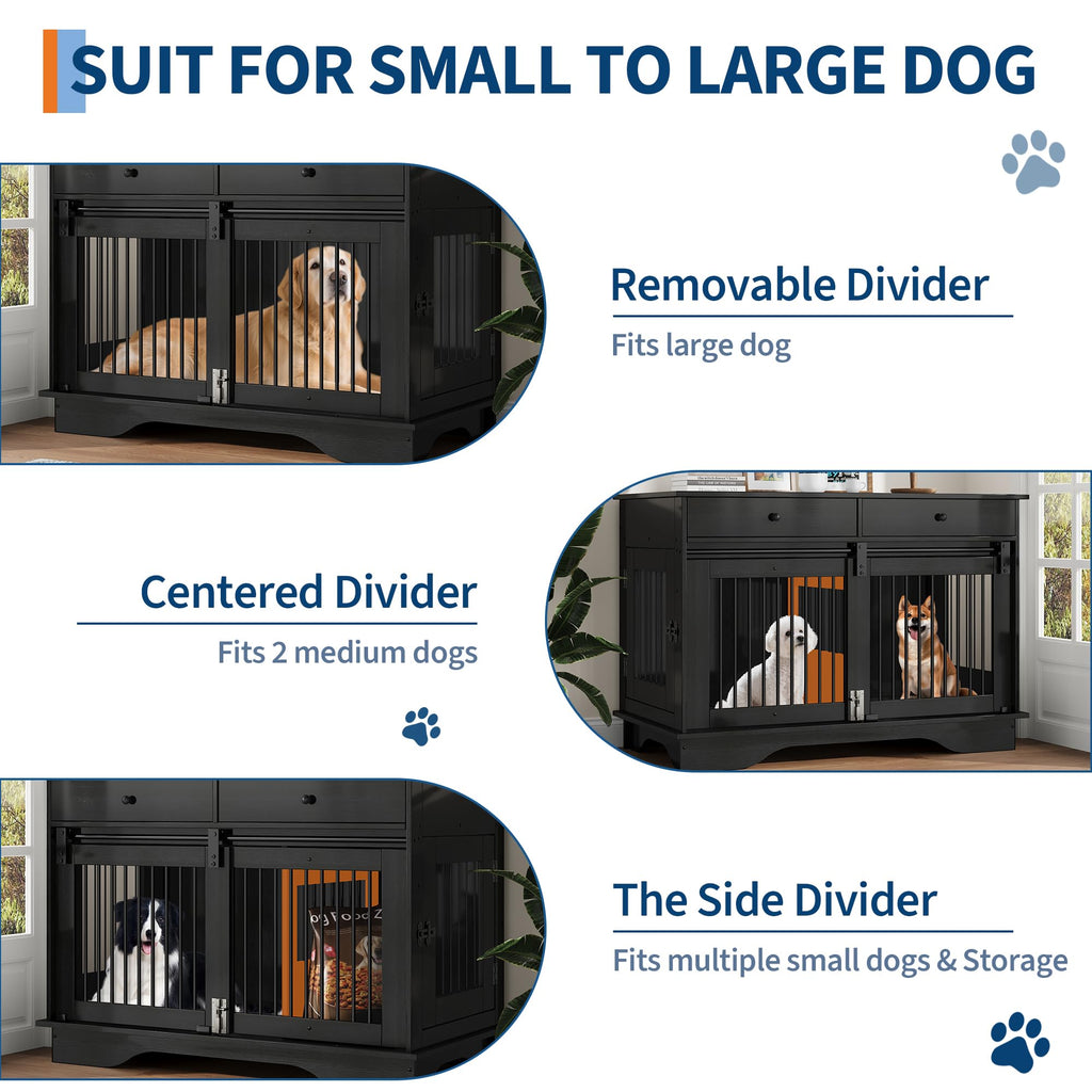 Garvee Dog Crate Furniture for 2 Dogs, 47" Double Dog Kennel with Removable Divider and 2 Drawers, Triple Doors, Decorative TV Stand Side Table, Indoor Pet Cage for Large/Medium/Small Dogs, Black